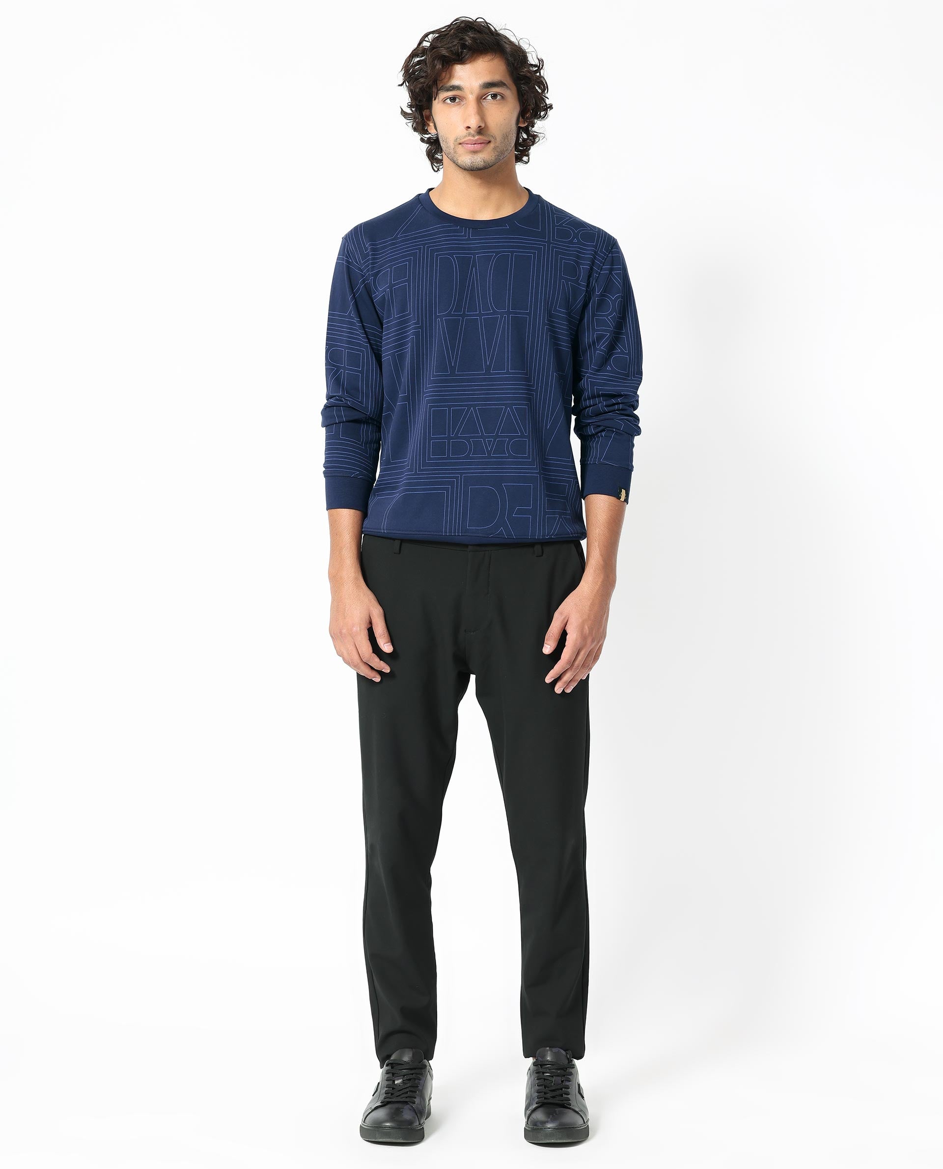 Rare Rabbit Men's Ensign Navy Cotton Polyester Fabric Full Sleeves Monogram Print Sweatshirt