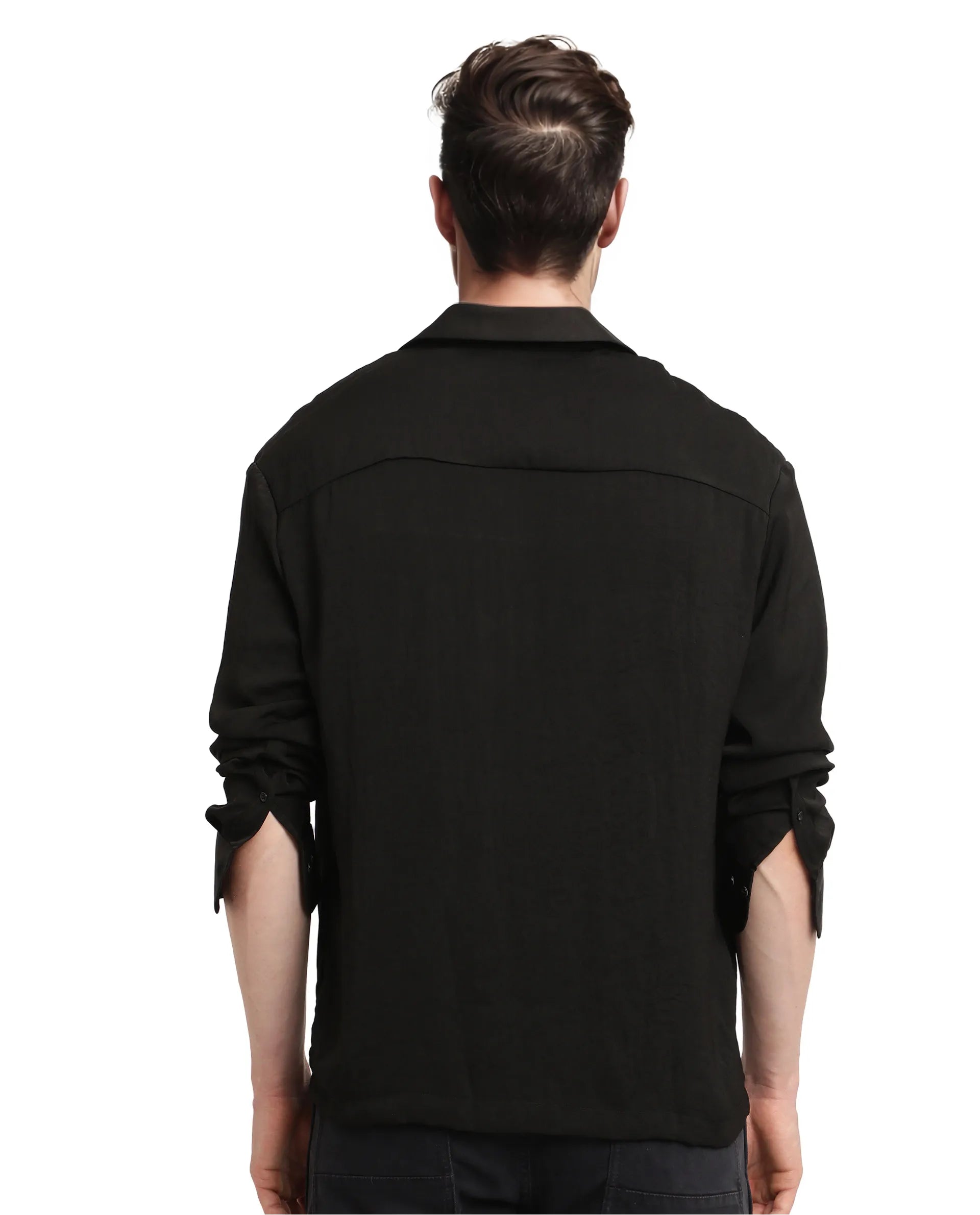 Rare Rabbit Articale Men's Enzo Black Polyester Fabric Full Sleeve Collared Neck Button Closure Slim Fit Solid Shirt