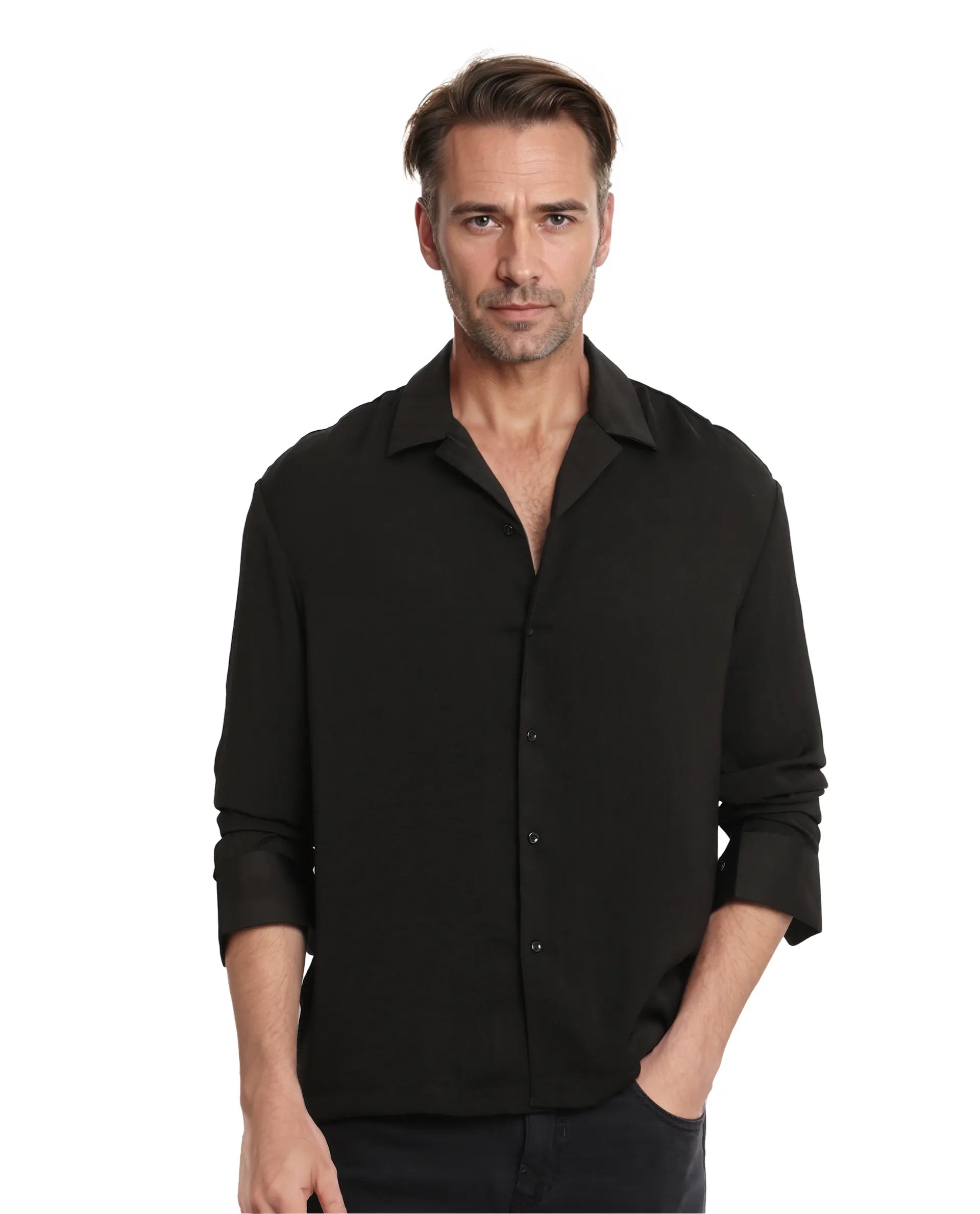 Rare Rabbit Articale Men's Enzo Black Polyester Fabric Full Sleeve Collared Neck Button Closure Slim Fit Solid Shirt