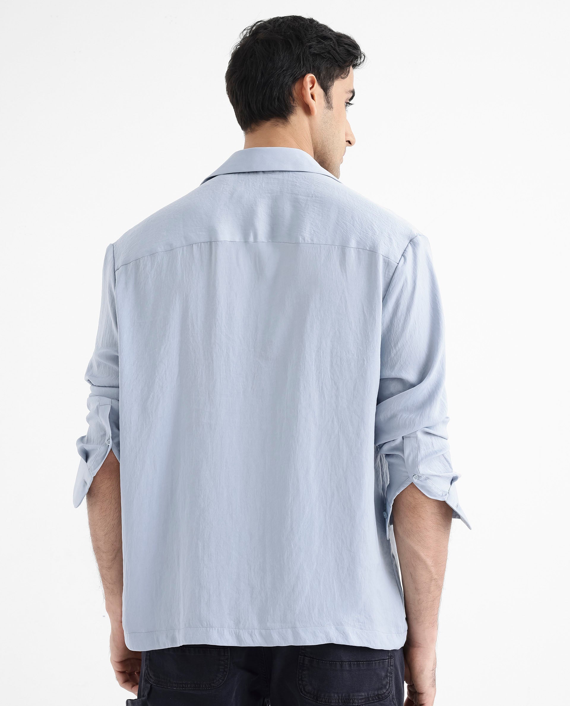 Rare Rabbit Articale Men's Enzo Dusky Blue Polyester Fabric Full Sleeve Cuban Collered Button Closure Slim Fit Solid Shirt