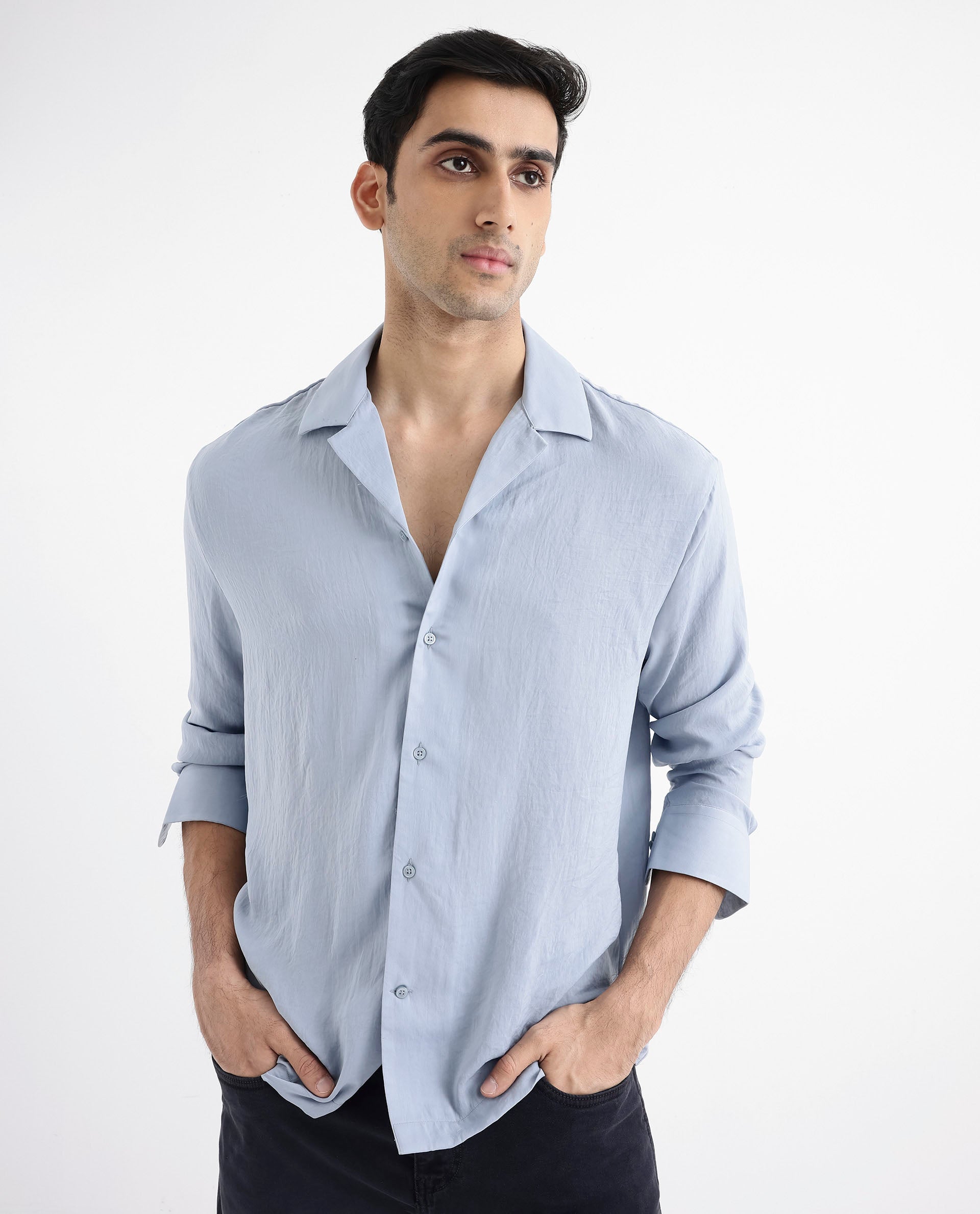 Rare Rabbit Articale Men's Enzo Dusky Blue Polyester Fabric Full Sleeve Cuban Collered Button Closure Slim Fit Solid Shirt