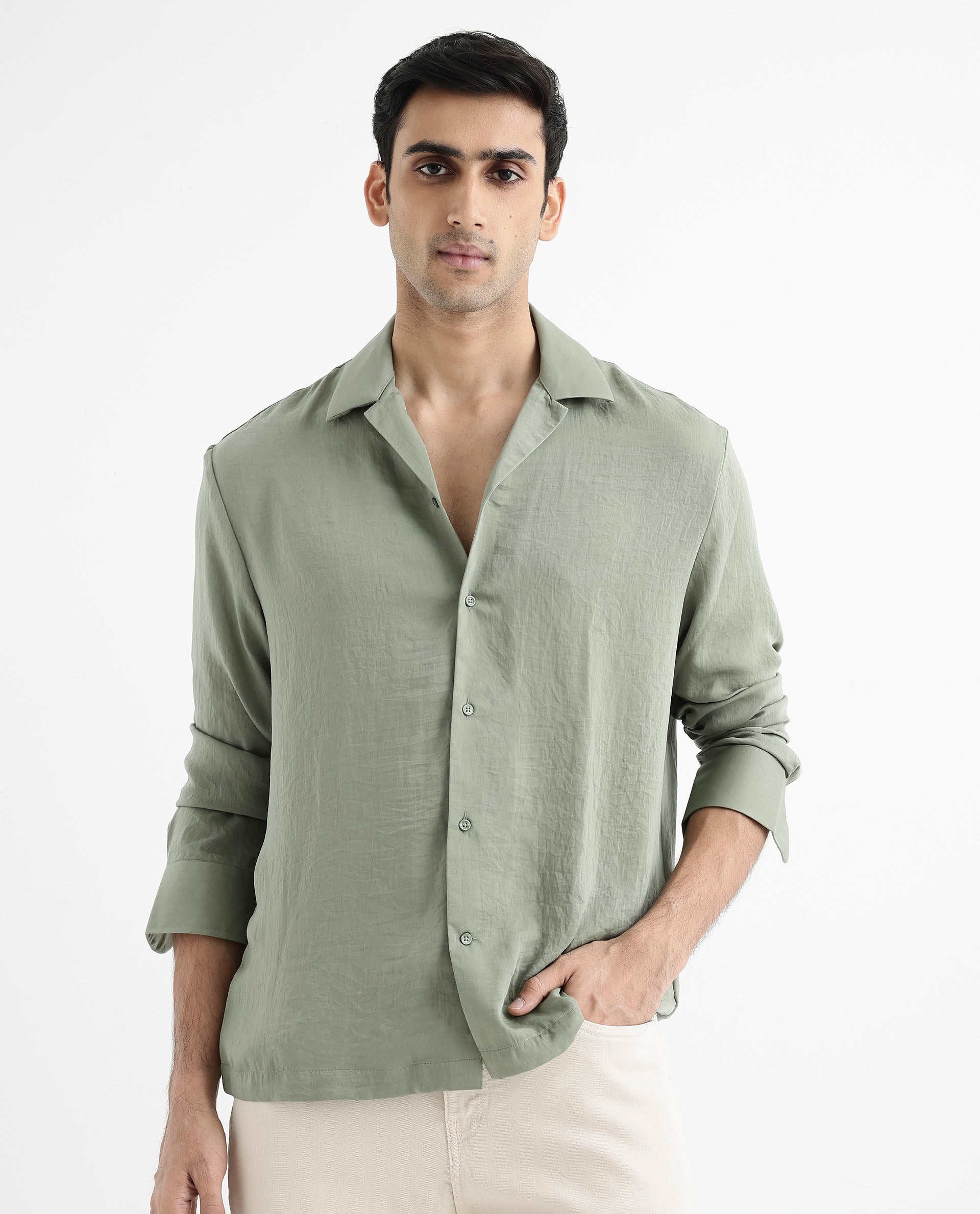 Rare Rabbit Articale Men's Enzo Dusky Green Polyester Fabric Full Sleeve Collared Neck Button Closure Slim Fit Solid Shirt
