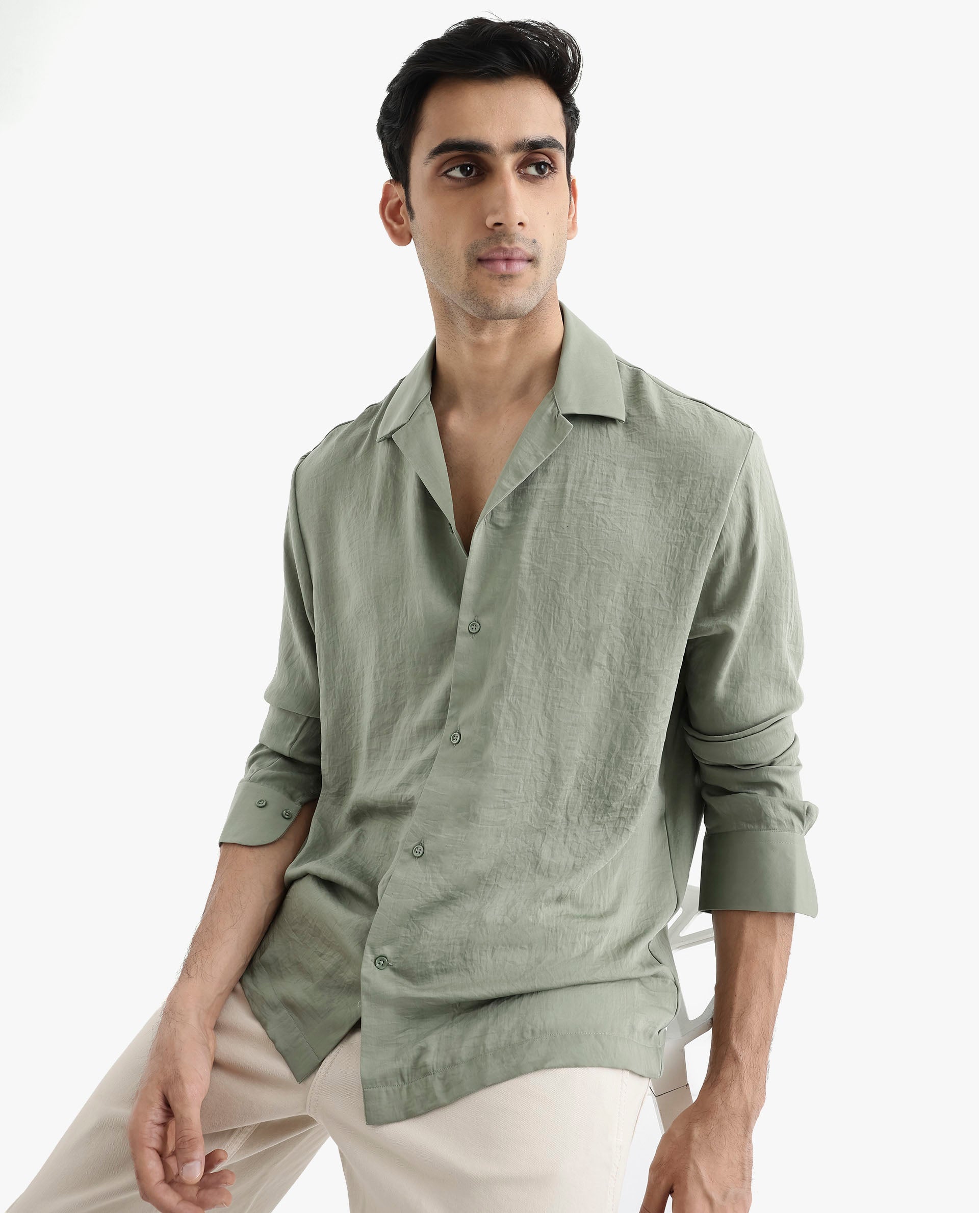 Rare Rabbit Articale Men's Enzo Dusky Green Polyester Fabric Full Sleeve Collared Neck Button Closure Slim Fit Solid Shirt