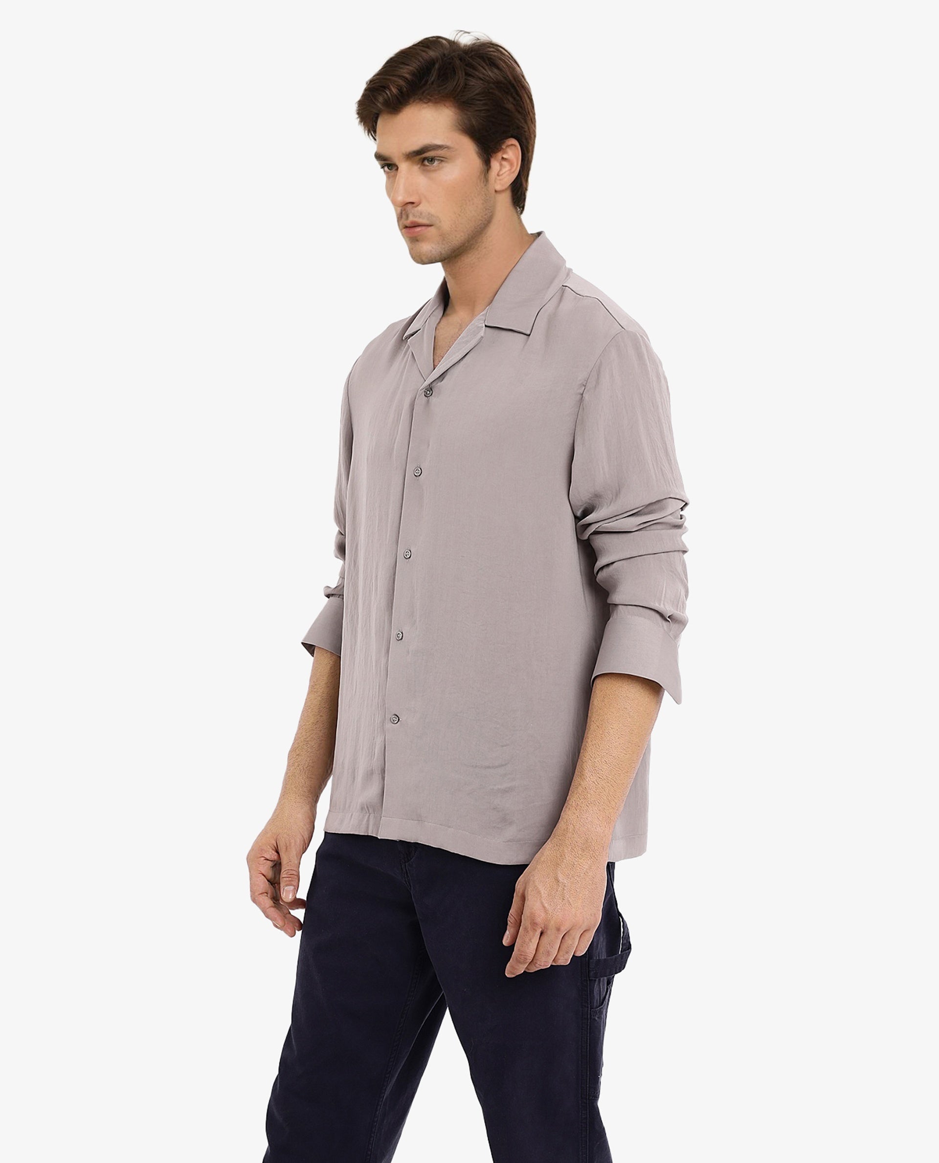 Rare Rabbit Articale Men's Enzo Dusky Grey Polyester Fabric Full Sleeve Collared Neck Button Closure Slim Fit Solid Shirt