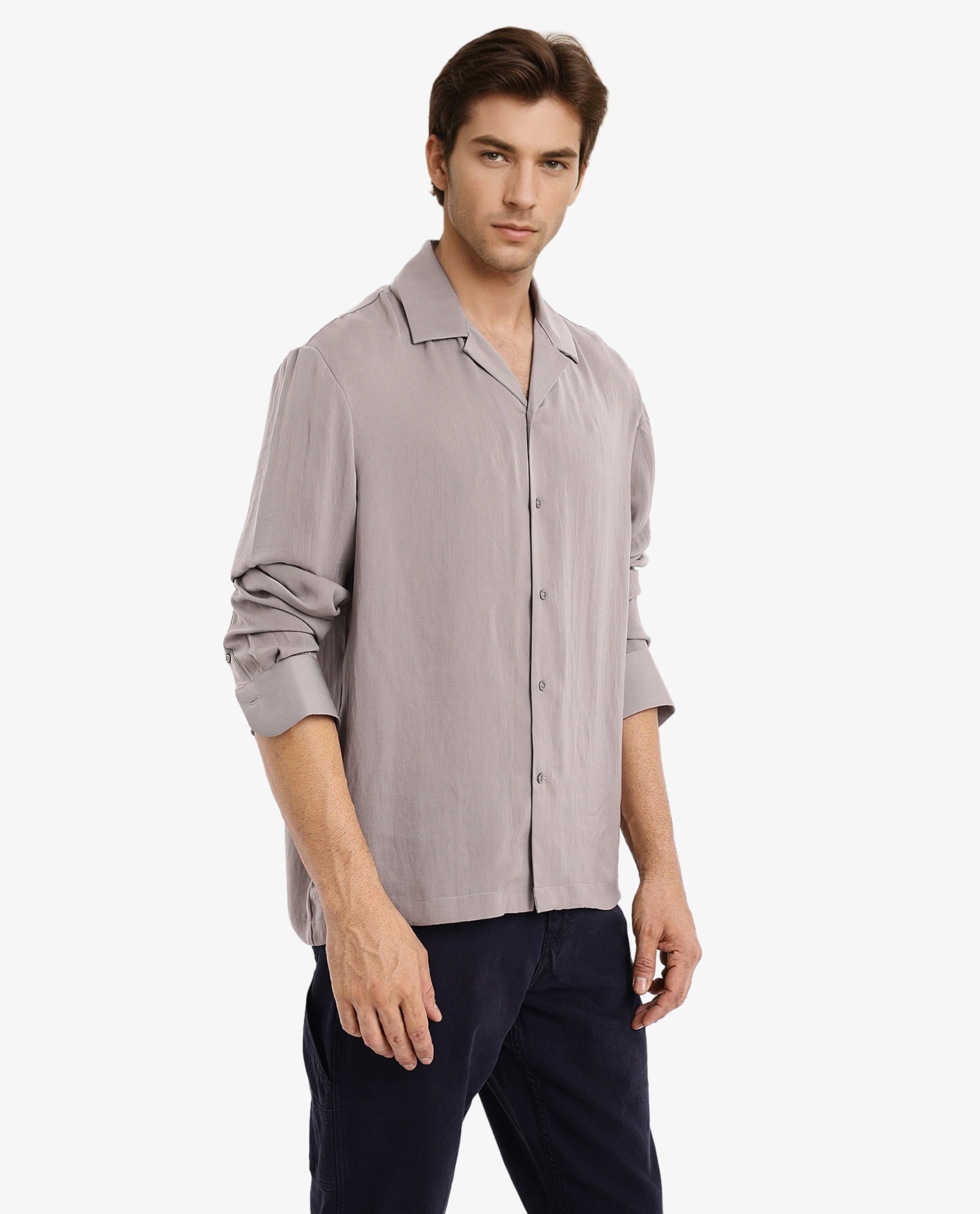 Rare Rabbit Articale Men's Enzo Dusky Grey Polyester Fabric Full Sleeve Collared Neck Button Closure Slim Fit Solid Shirt