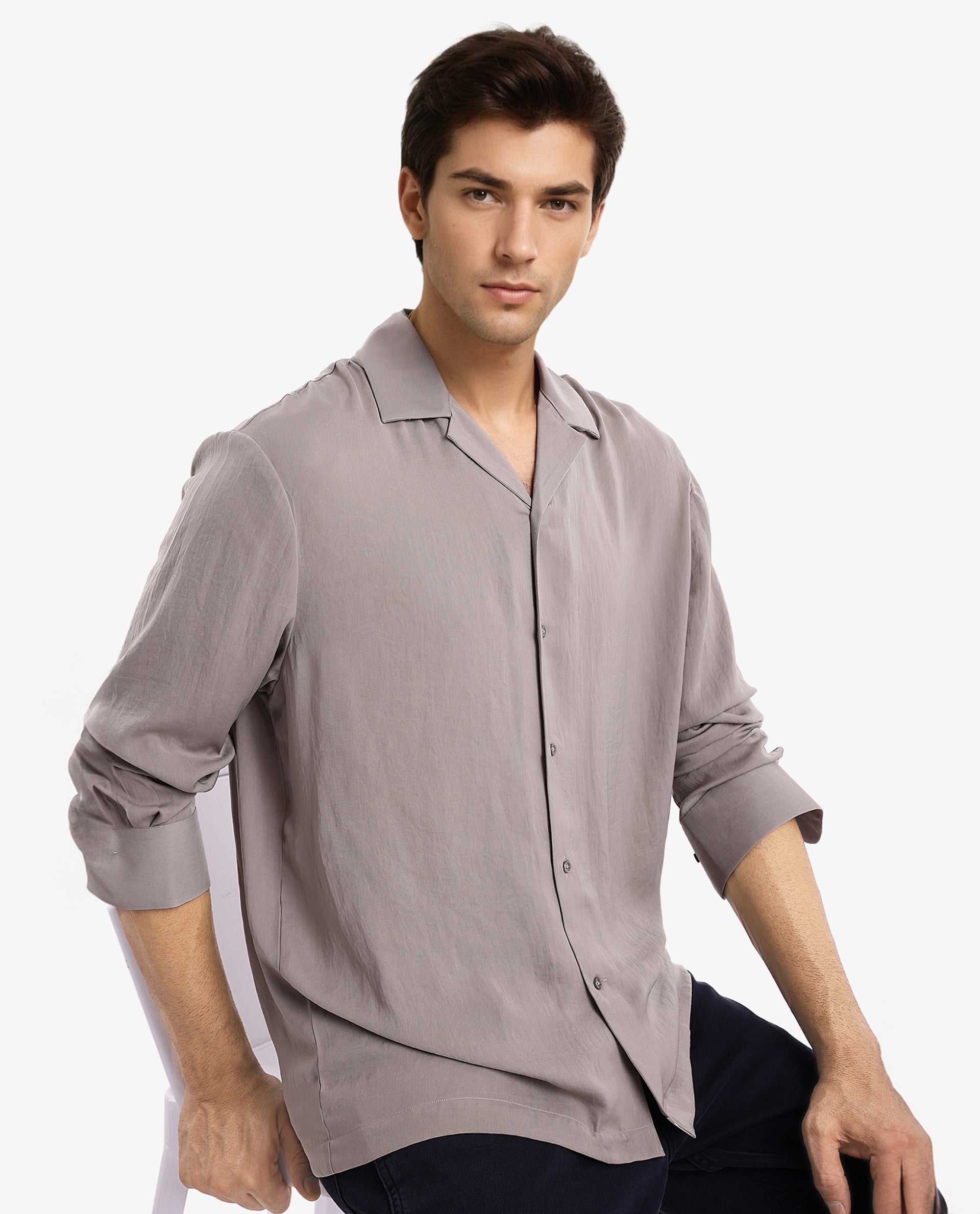 Rare Rabbit Articale Men's Enzo Dusky Grey Polyester Fabric Full Sleeve Collared Neck Button Closure Slim Fit Solid Shirt