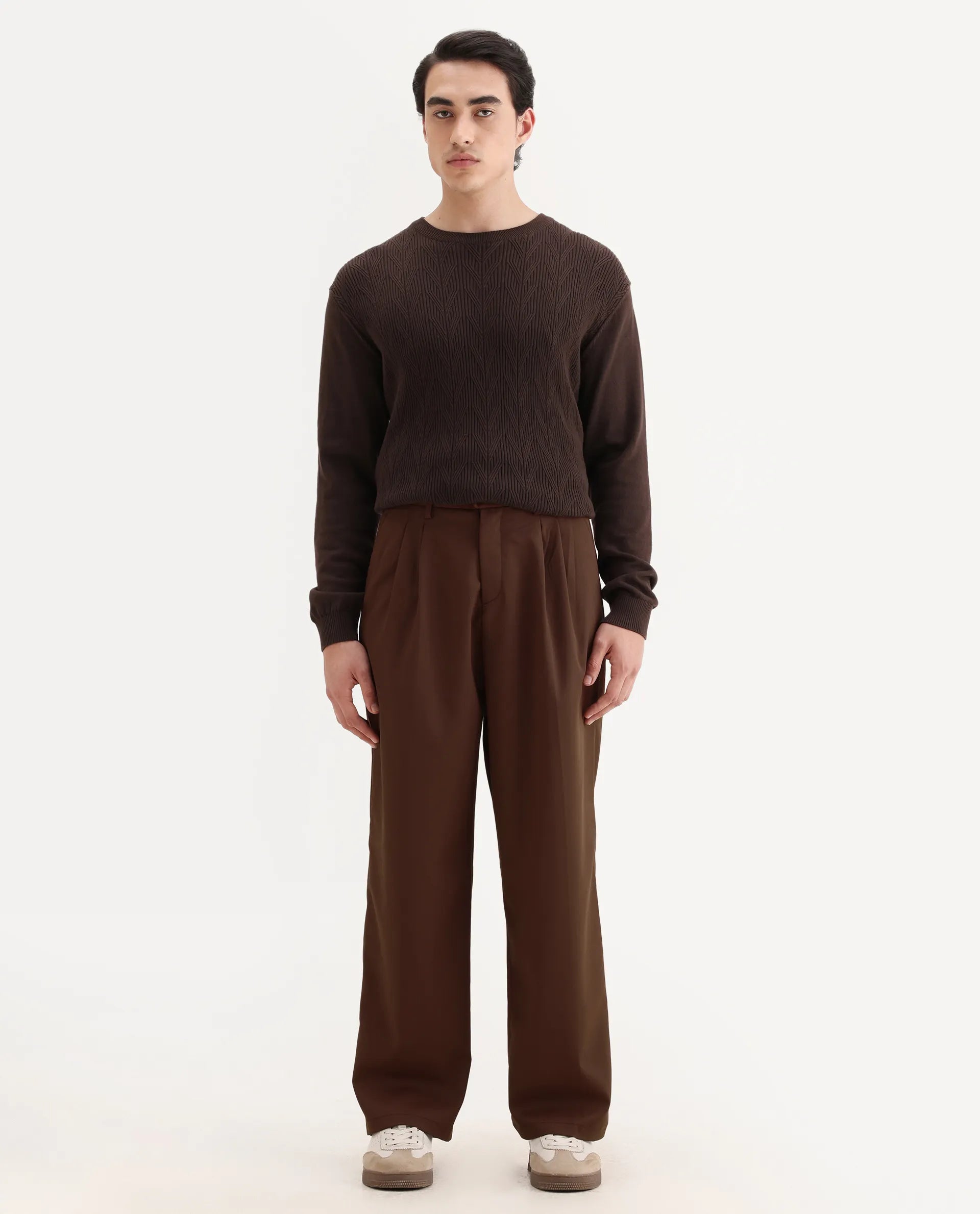 Rare Rabbit Men's Enzot Brown Cotton Plain Relaxed Fit Trouser