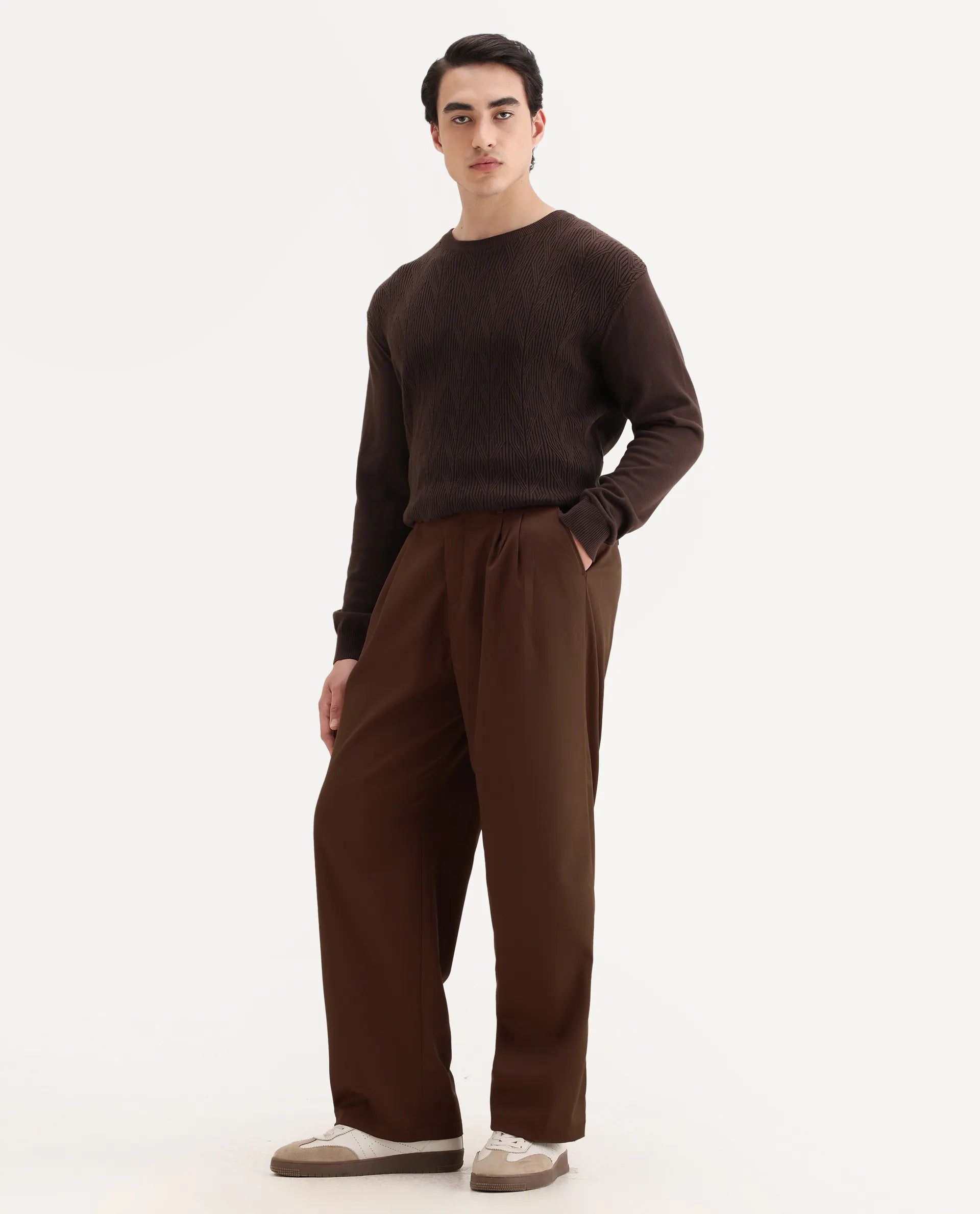 Rare Rabbit Men's Enzot Brown Cotton Plain Relaxed Fit Trouser