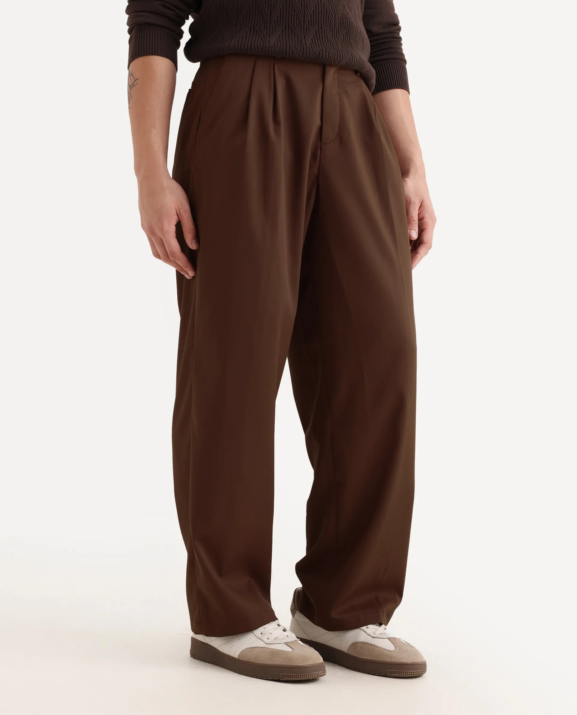 Rare Rabbit Men's Enzot Brown Cotton Plain Relaxed Fit Trouser
