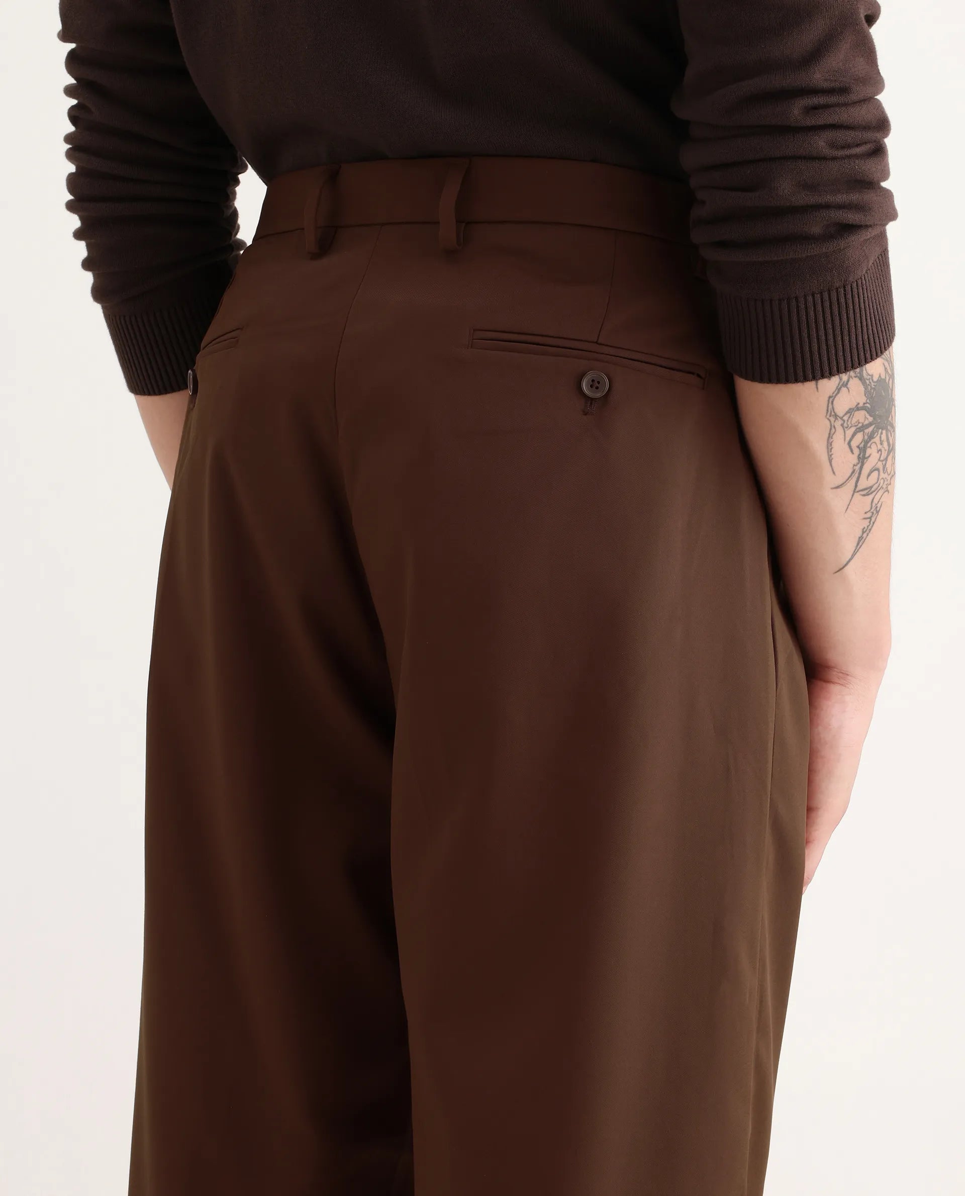 Rare Rabbit Men's Enzot Brown Cotton Plain Relaxed Fit Trouser