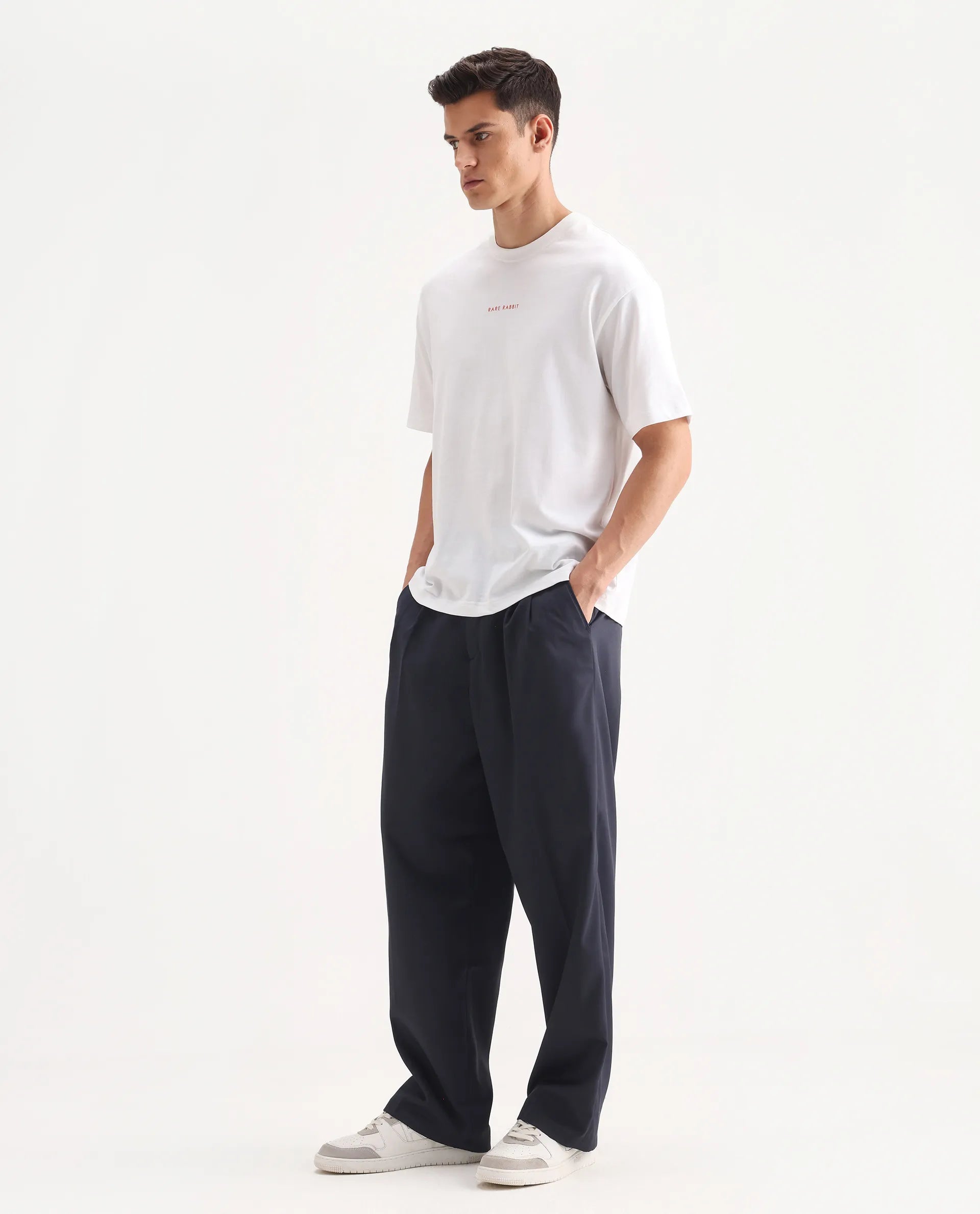 Rare Rabbit Men's Enzot Navy Cotton Plain Relaxed Fit Trouser