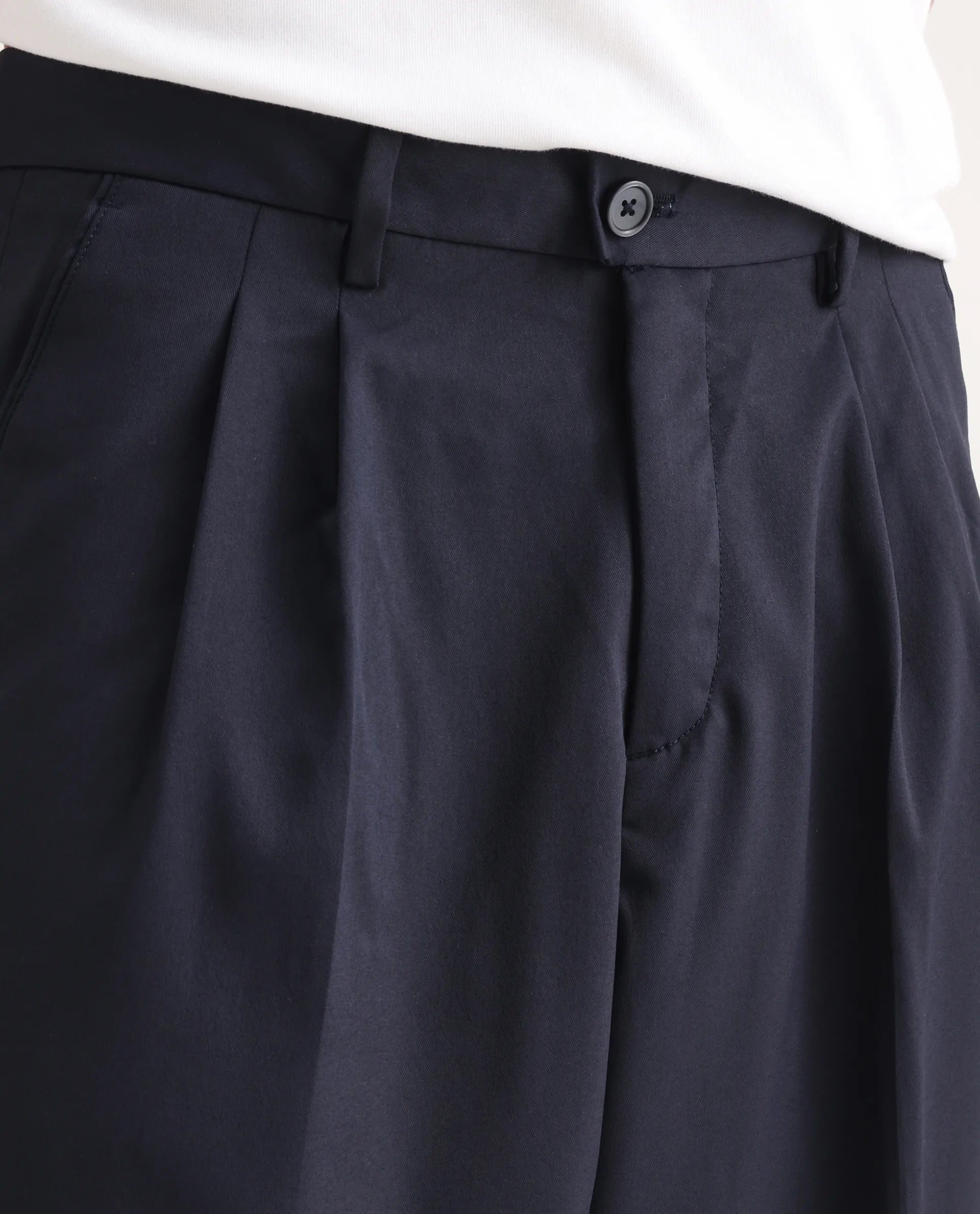 Rare Rabbit Men's Enzot Navy Cotton Plain Relaxed Fit Trouser