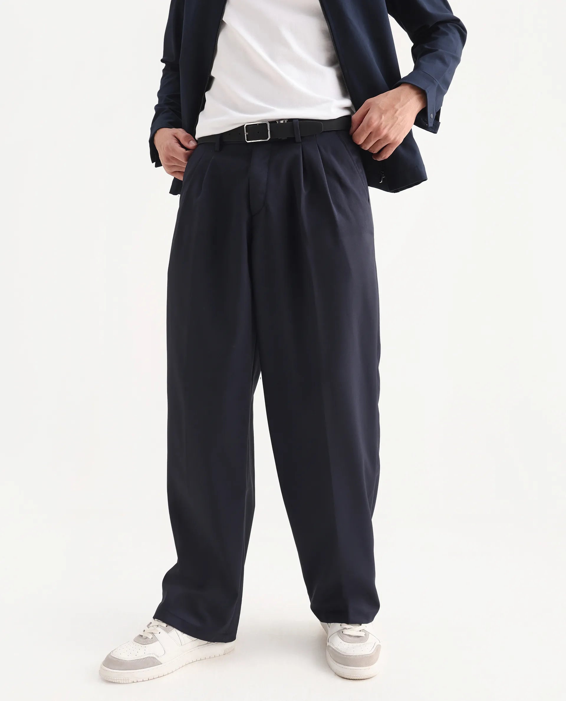 Rare Rabbit Men's Enzot Navy Cotton Plain Relaxed Fit Trouser