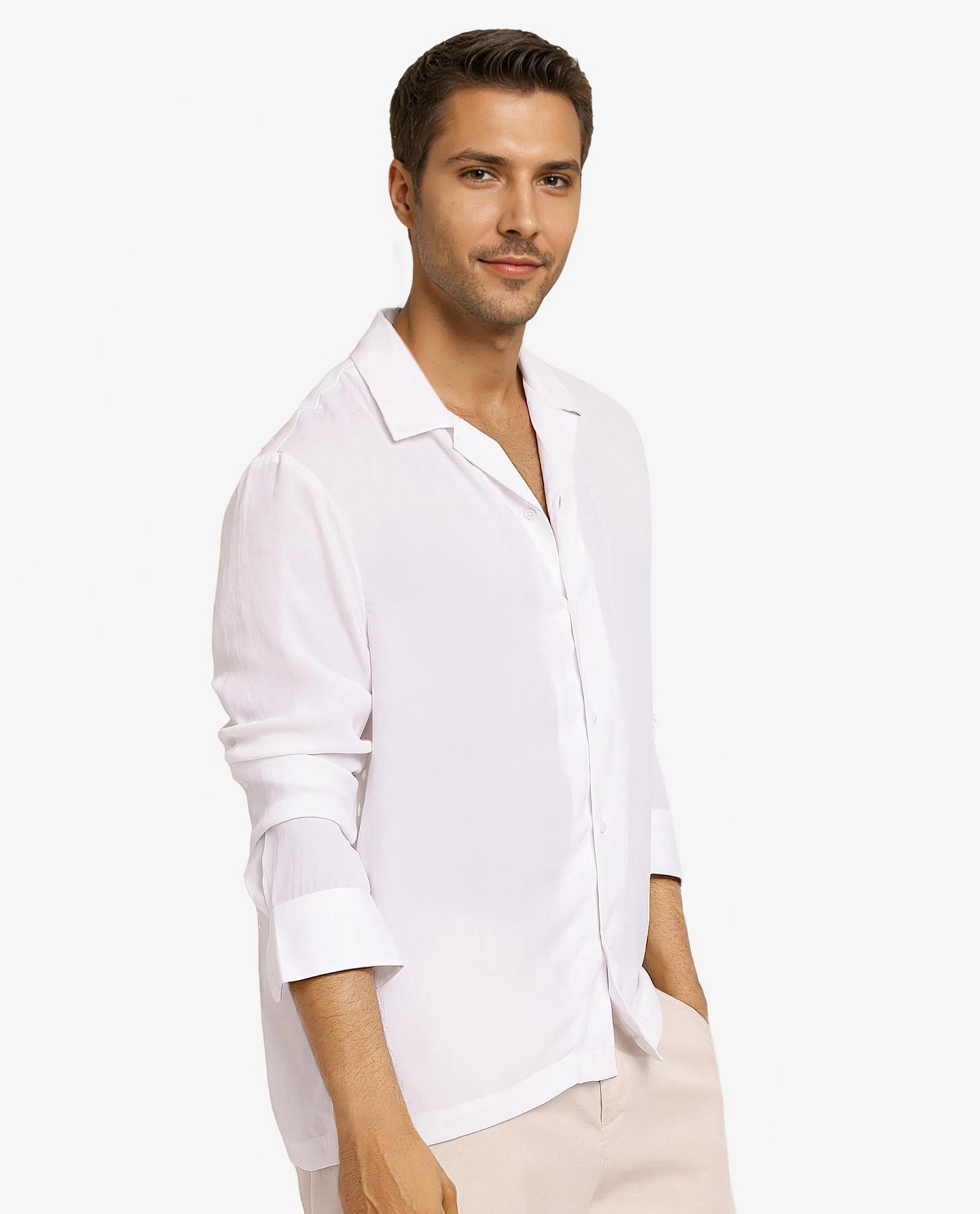 Rare Rabbit Articale Men's Enzo White Polyester Fabric Full Sleeve Collared Neck Button Closure Slim Fit Solid Shirt