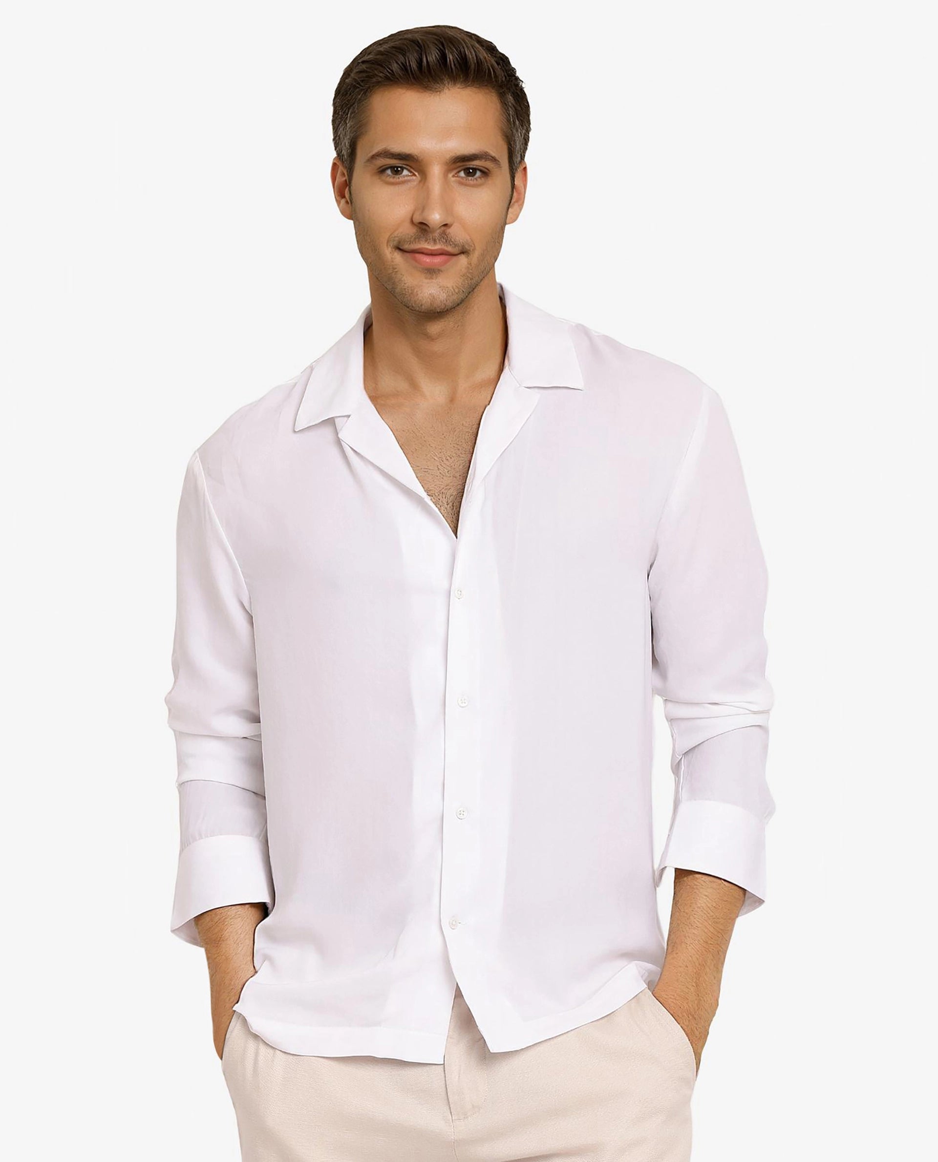 Rare Rabbit Articale Men's Enzo White Polyester Fabric Full Sleeve Collared Neck Button Closure Slim Fit Solid Shirt