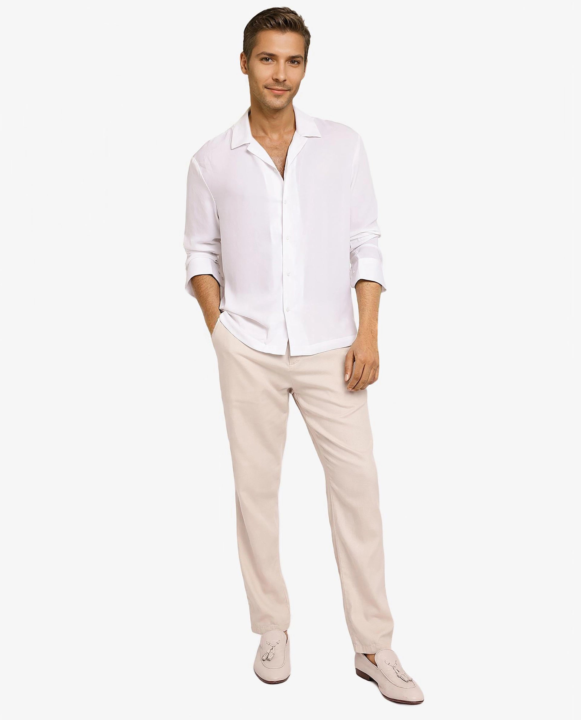 Rare Rabbit Articale Men's Enzo White Polyester Fabric Full Sleeve Collared Neck Button Closure Slim Fit Solid Shirt