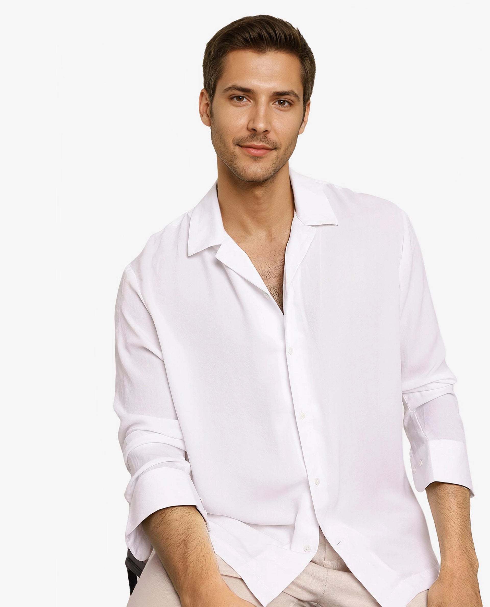 Rare Rabbit Articale Men's Enzo White Polyester Fabric Full Sleeve Collared Neck Button Closure Slim Fit Solid Shirt