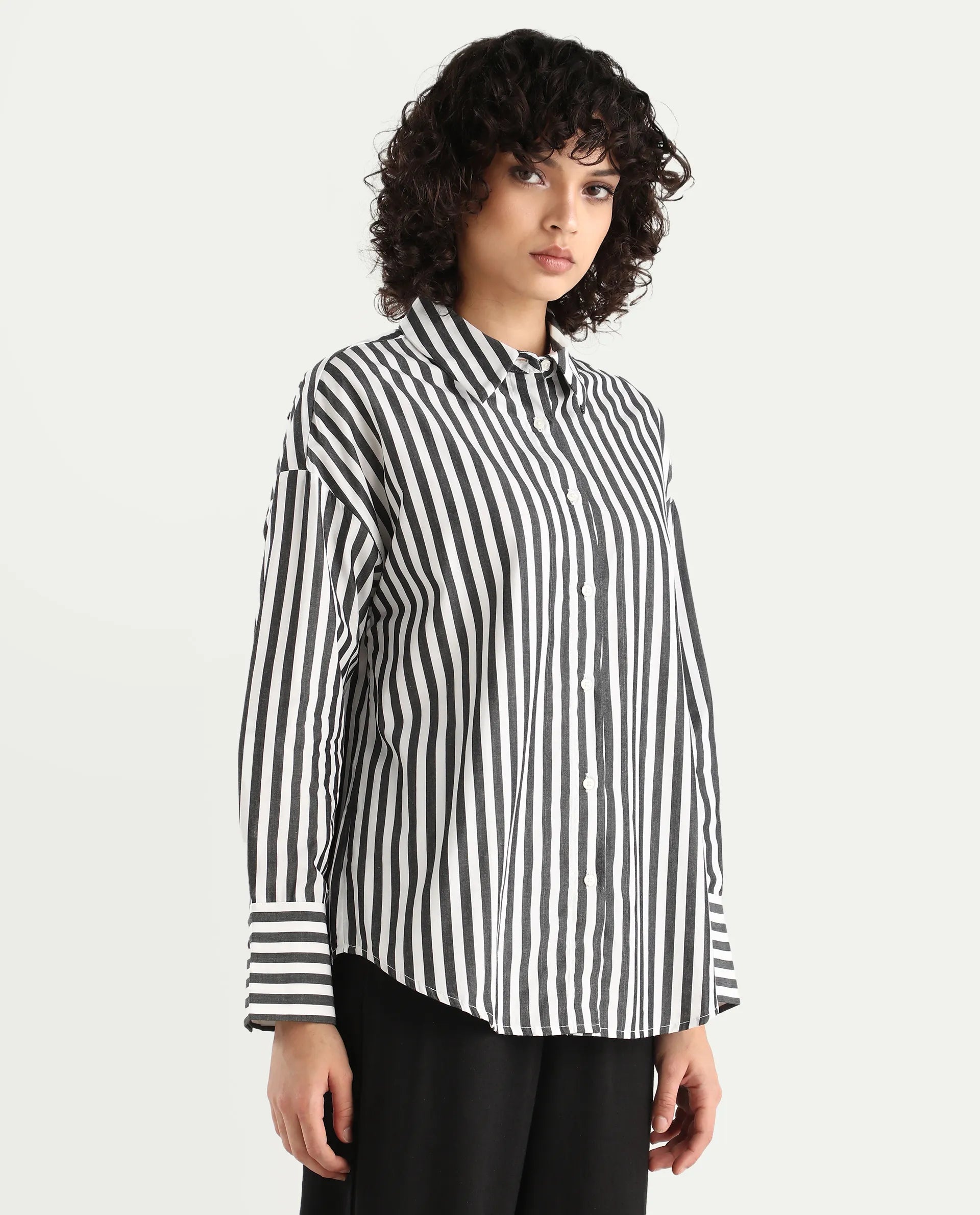 Rareism Women's Epdyed White Cotton Striped Cuffed Sleeve Boxy Fit Shirt