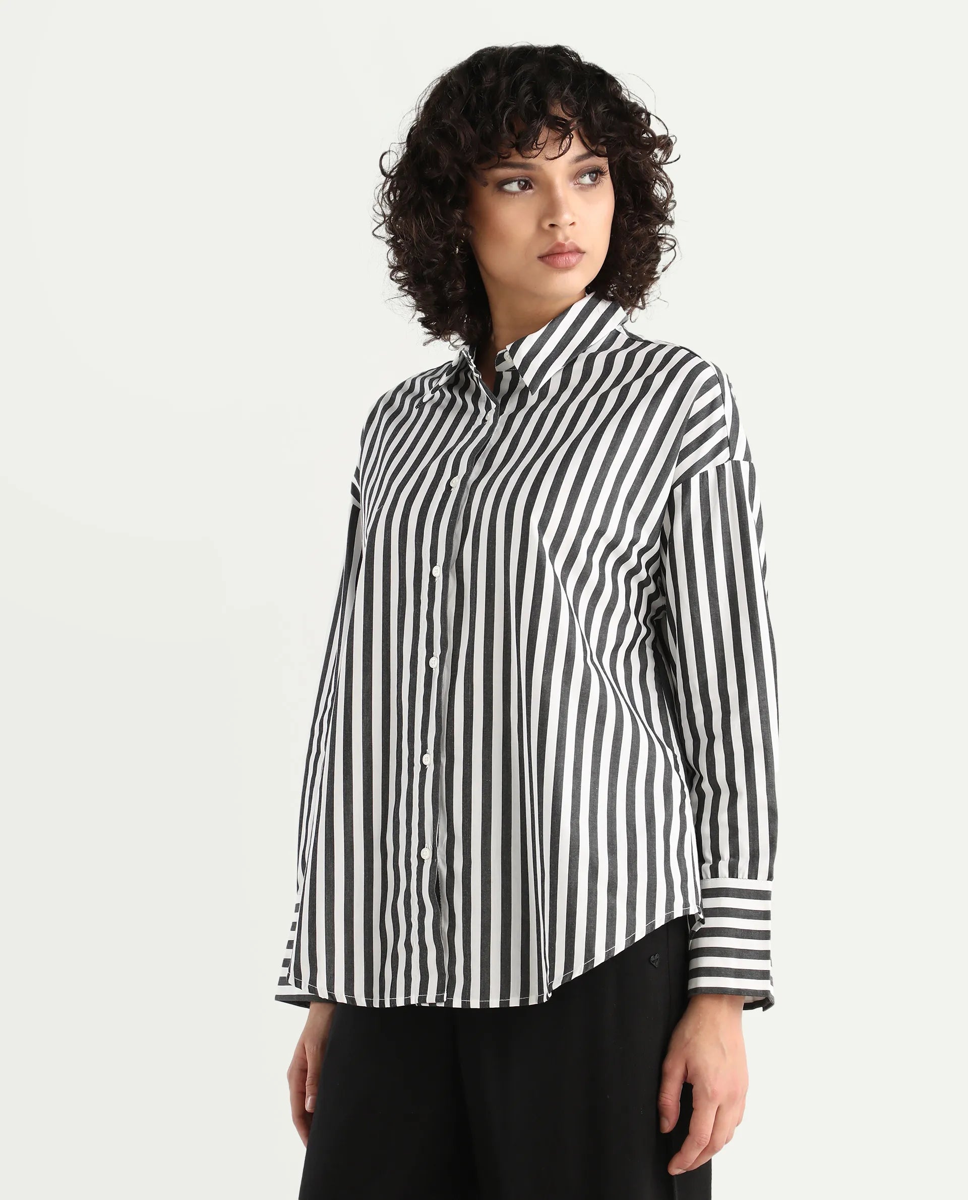 Rareism Women's Epdyed White Cotton Striped Cuffed Sleeve Boxy Fit Shirt