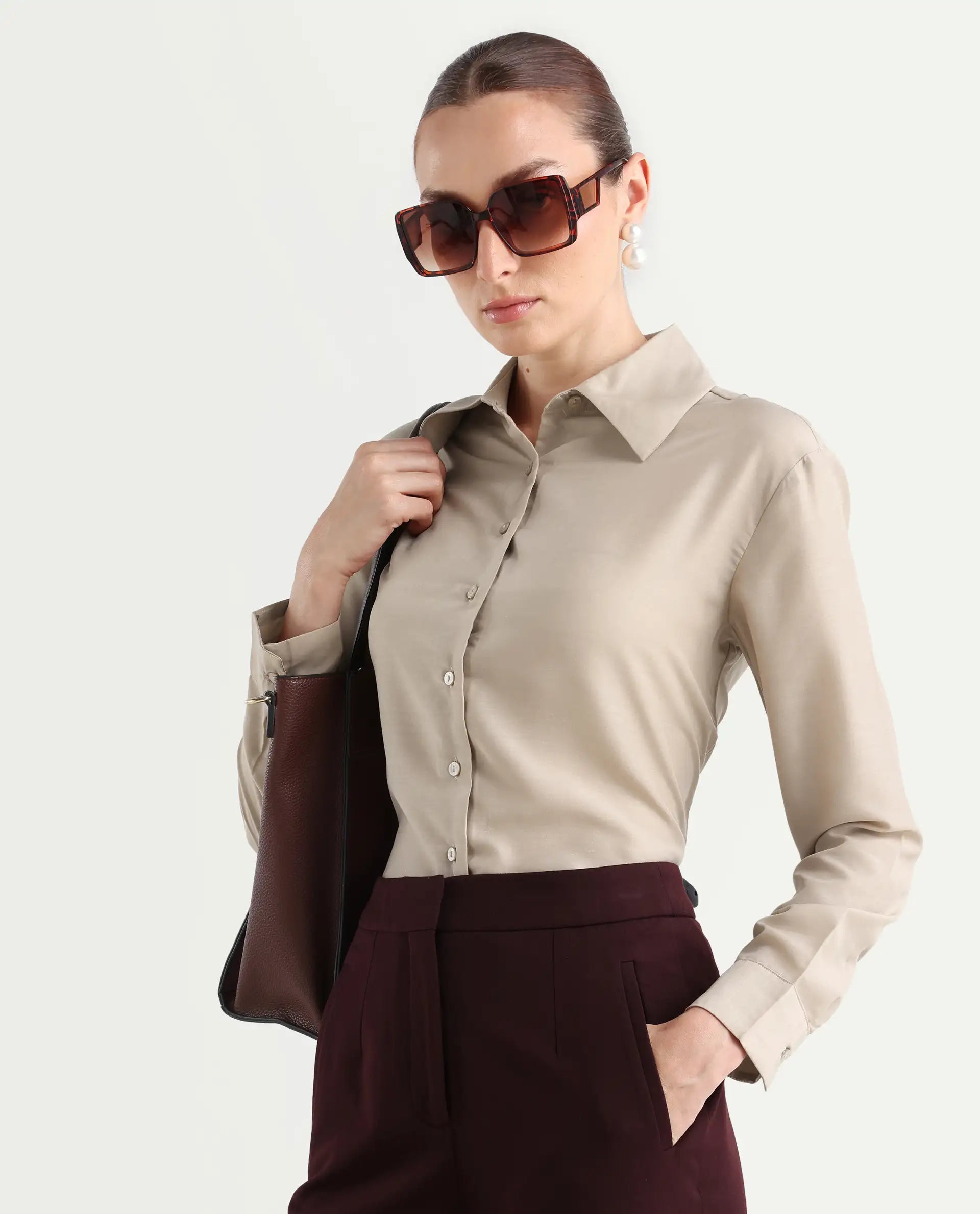 Rareism Women's Epets Beige Polyester Collared Plain Regular Fit Shirt