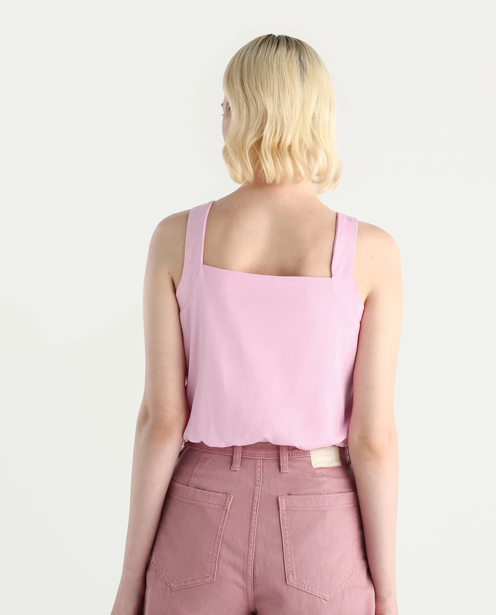 Rareism Women's Epfixo Pink Satin Crew Neck Plain Sleeveless Crop Regular Fit Top