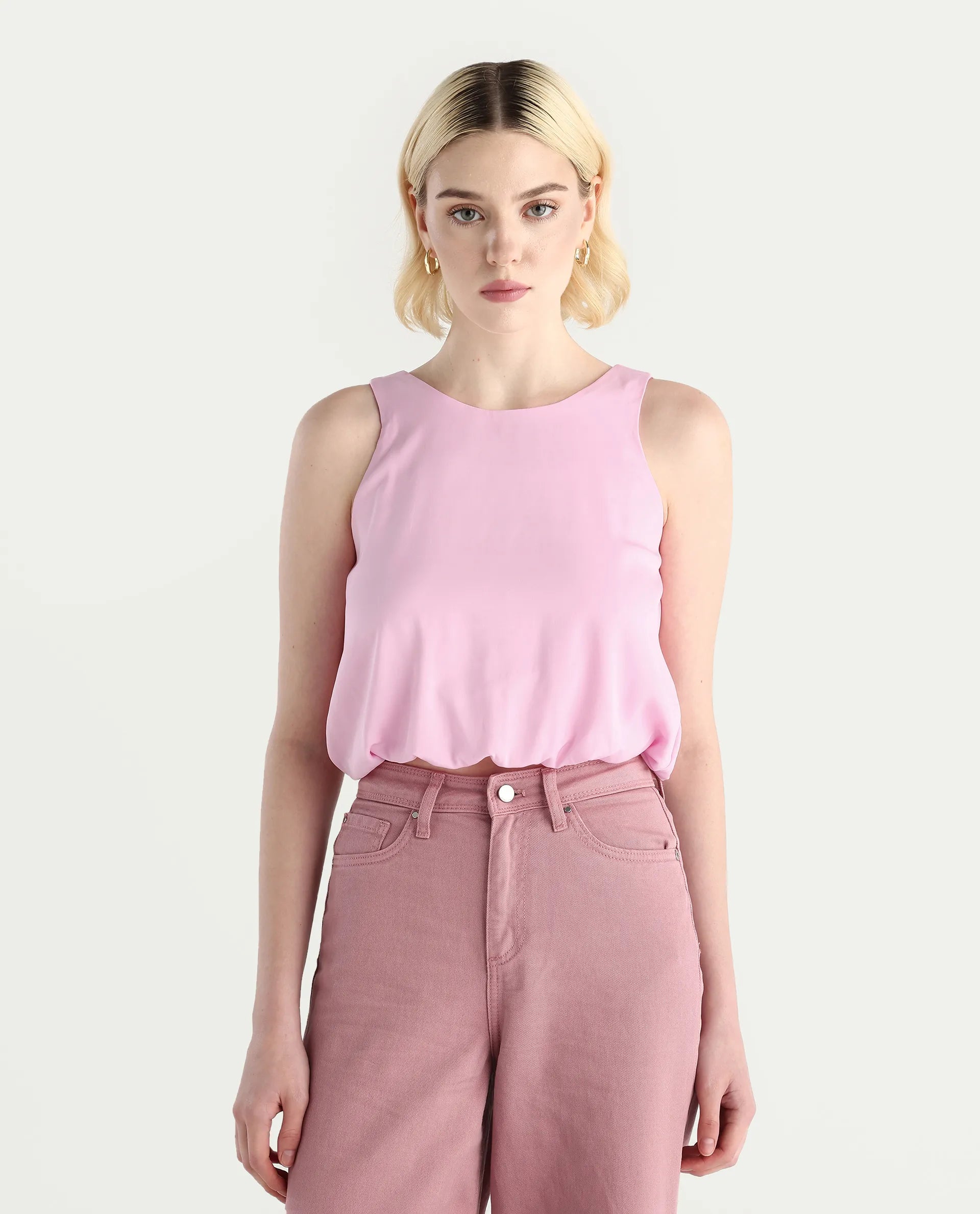 Rareism Women's Epfixo Pink Satin Crew Neck Plain Sleeveless Crop Regular Fit Top