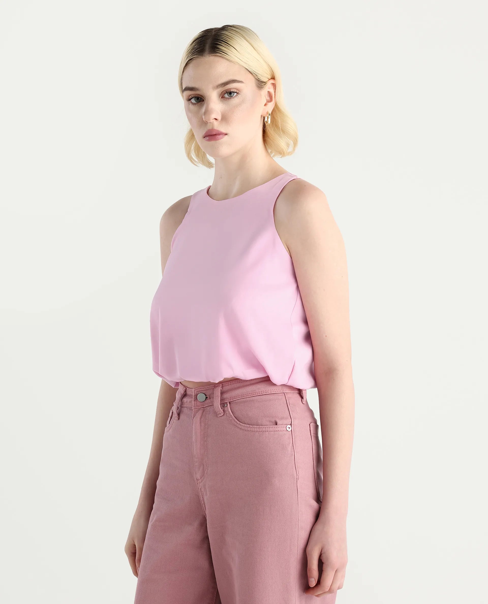 Rareism Women's Epfixo Pink Satin Crew Neck Plain Sleeveless Crop Regular Fit Top