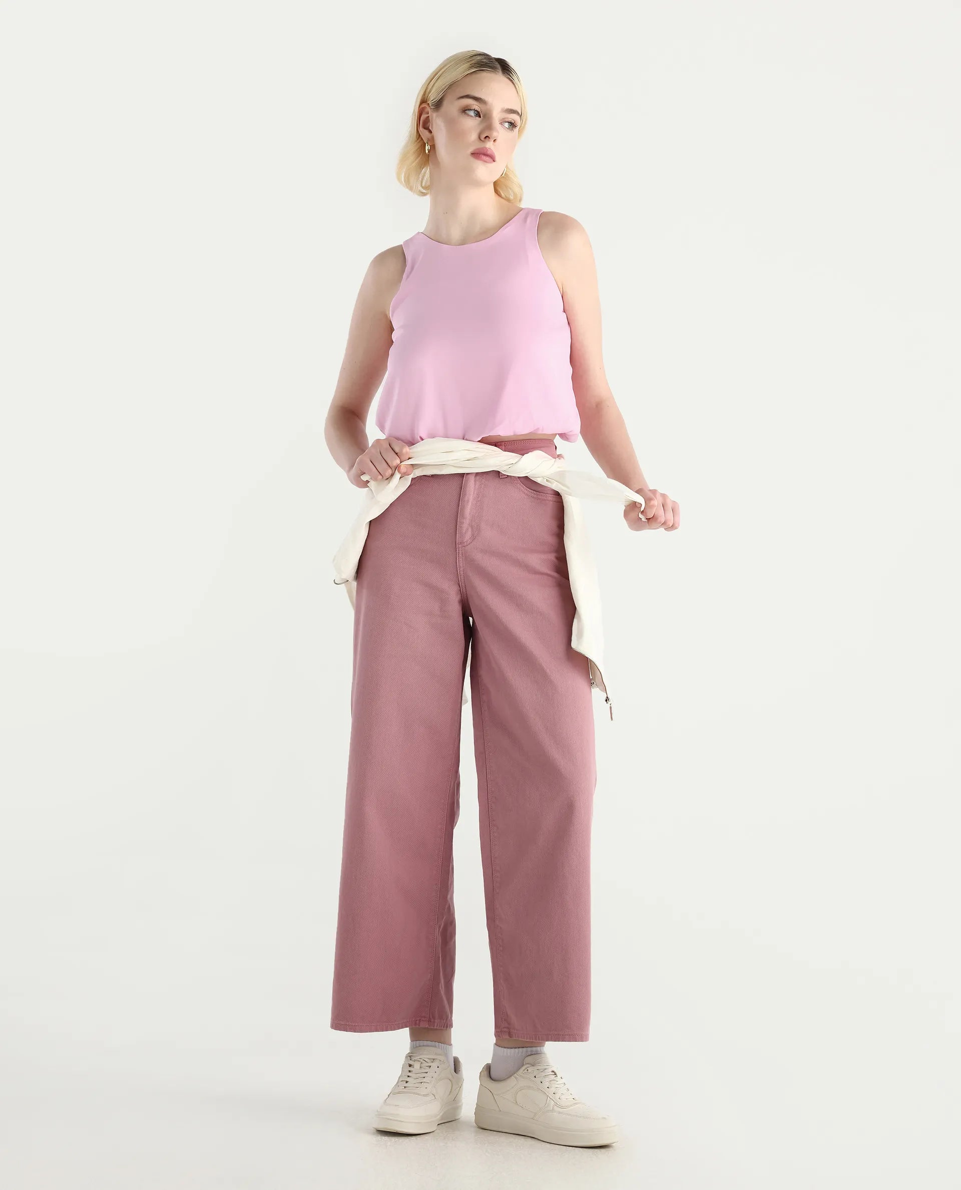 Rareism Women's Epfixo Pink Satin Crew Neck Plain Sleeveless Crop Regular Fit Top