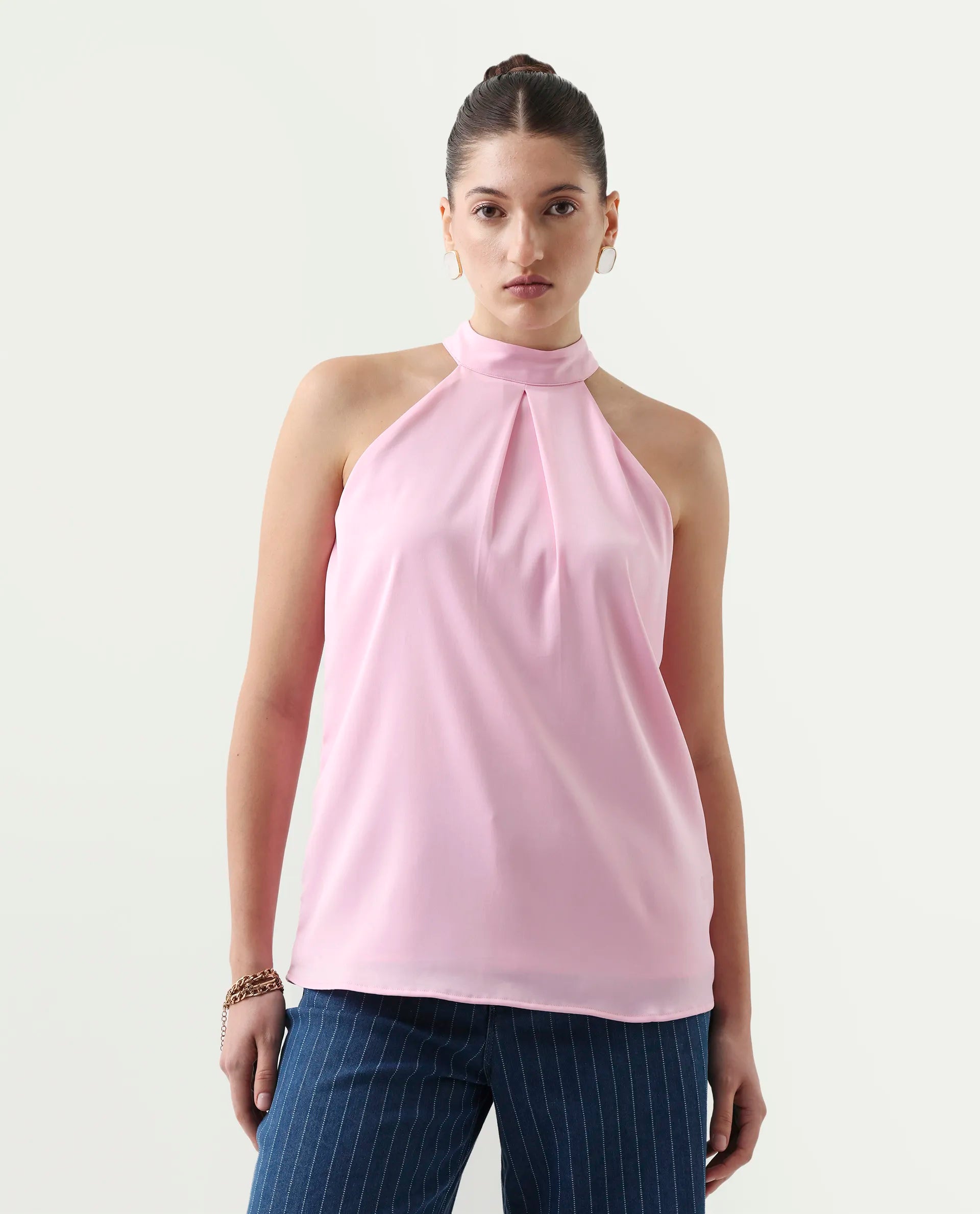 Rareism Women's Epfix Pink Satin Halter Neck Plain Sleeveless Regular Fit Top