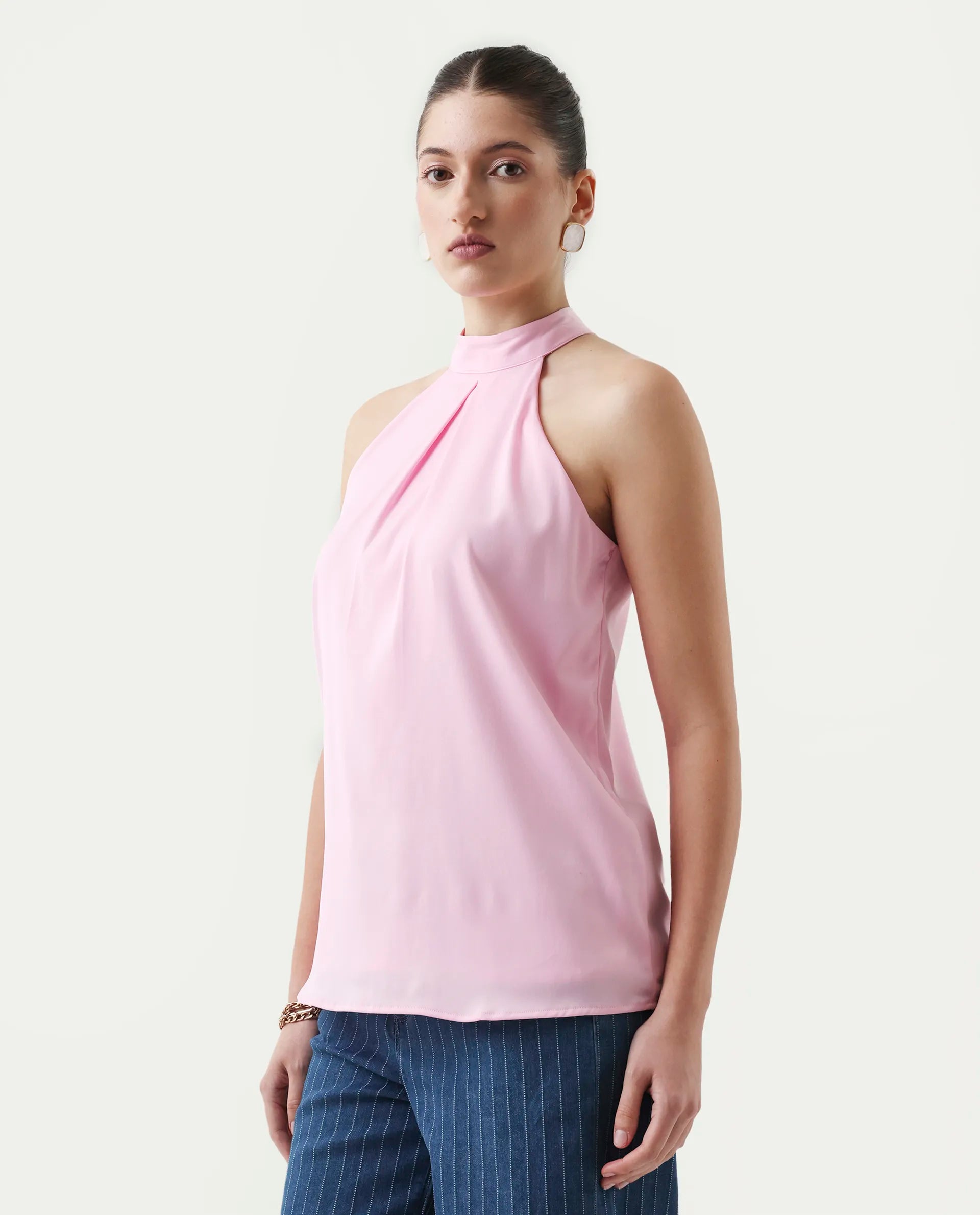 Rareism Women's Epfix Pink Satin Halter Neck Plain Sleeveless Regular Fit Top