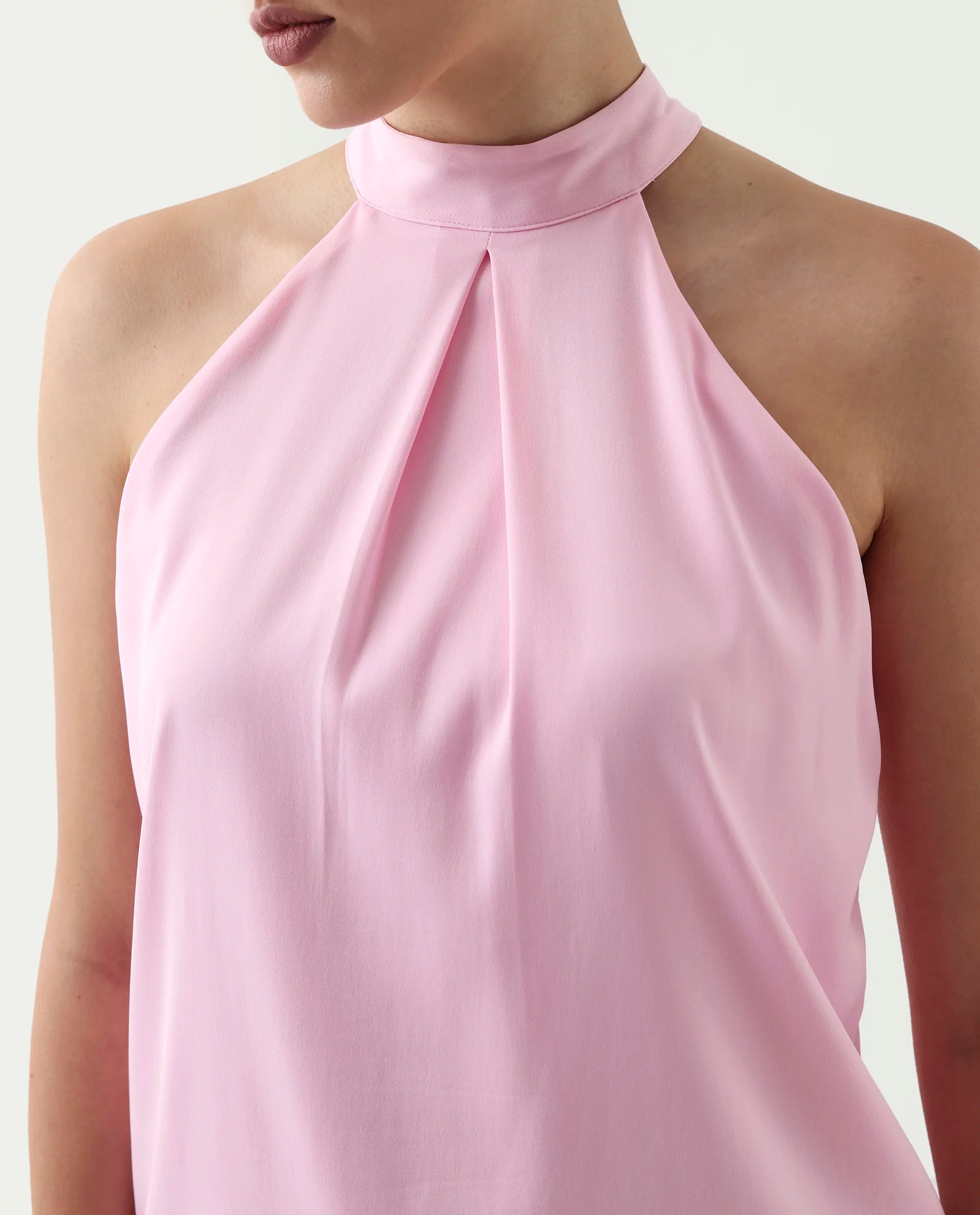 Rareism Women's Epfix Pink Satin Halter Neck Plain Sleeveless Regular Fit Top