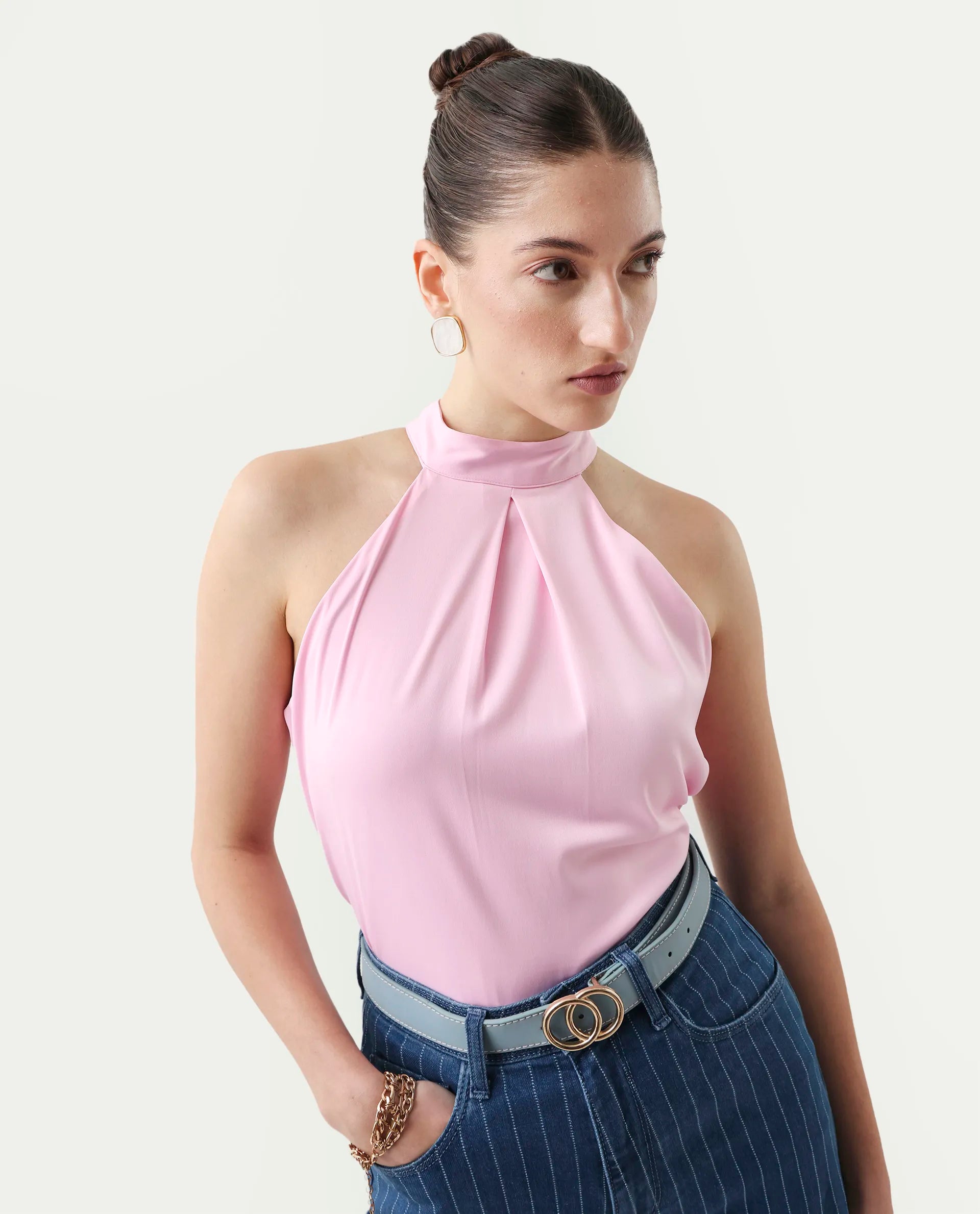 Rareism Women's Epfix Pink Satin Halter Neck Plain Sleeveless Regular Fit Top