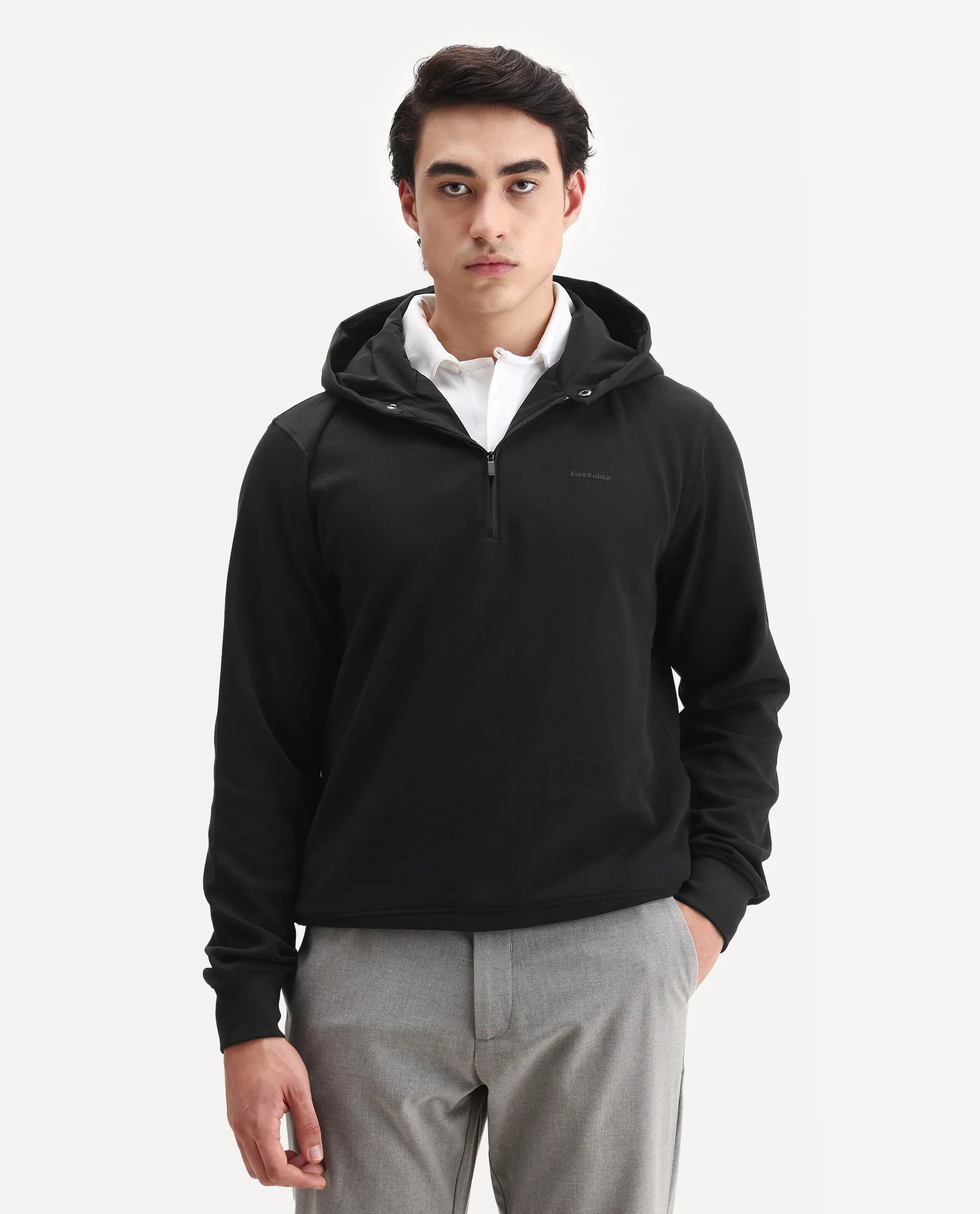 Rare Rabbit Men's Ephin-T Black Cotton Blend Plain Regular Fit Full Sleeve Hooded Sweatshirt