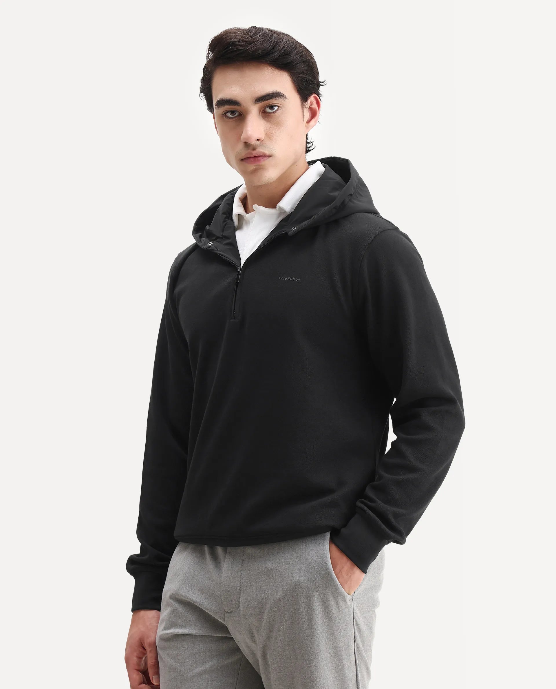 Rare Rabbit Men's Ephin-T Black Cotton Blend Plain Regular Fit Full Sleeve Hooded Sweatshirt