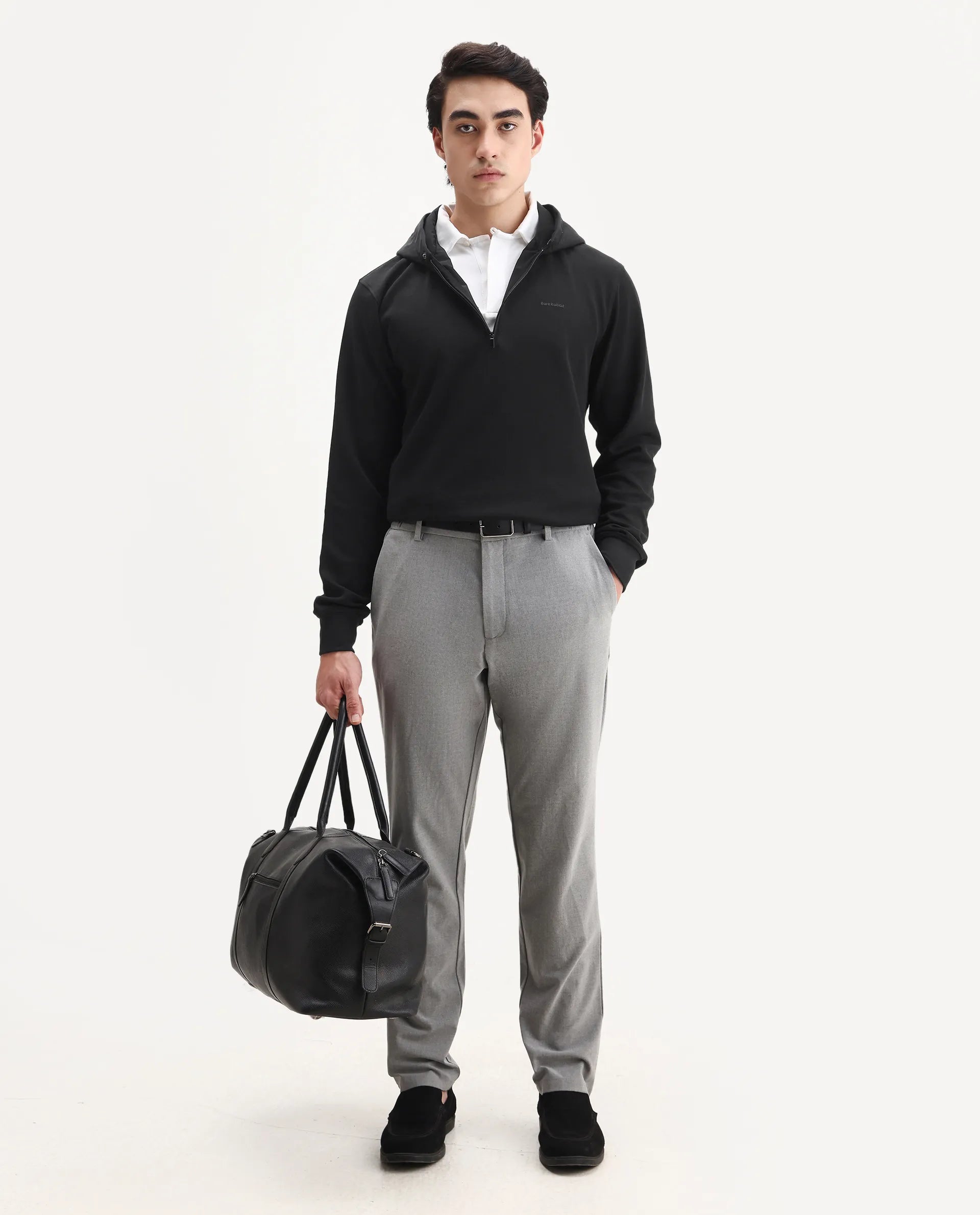 Rare Rabbit Men's Ephin-T Black Cotton Blend Plain Regular Fit Full Sleeve Hooded Sweatshirt