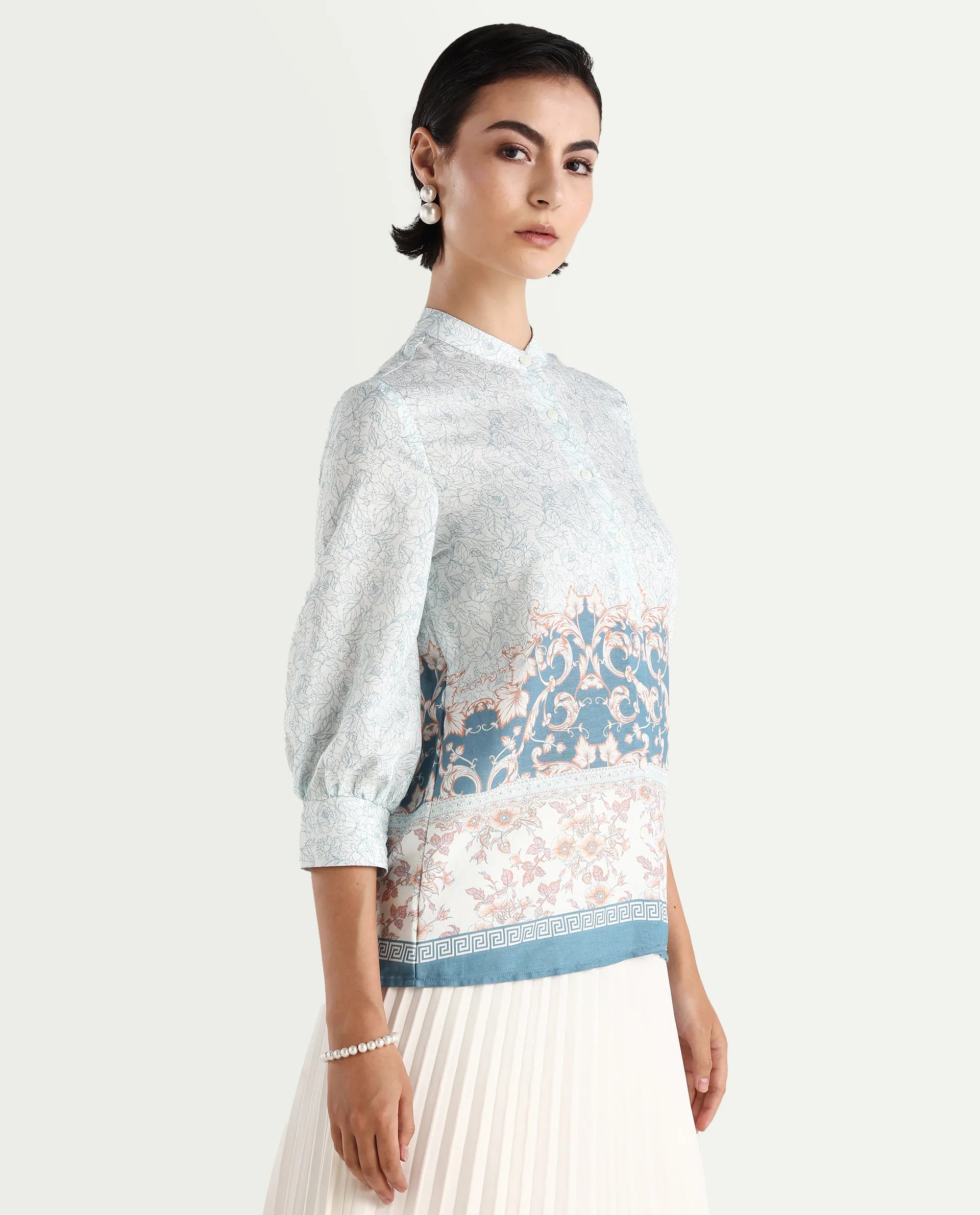 Rareism Women's Epica Multi Polyester Blend Abstract Print Cuffed Sleeve Regular Fit Top