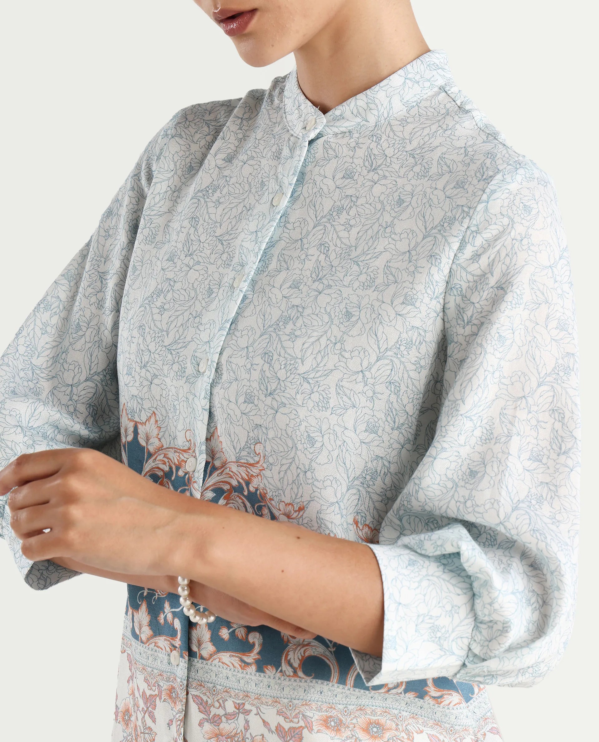 Rareism Women's Epica Multi Polyester Blend Abstract Print Cuffed Sleeve Regular Fit Top