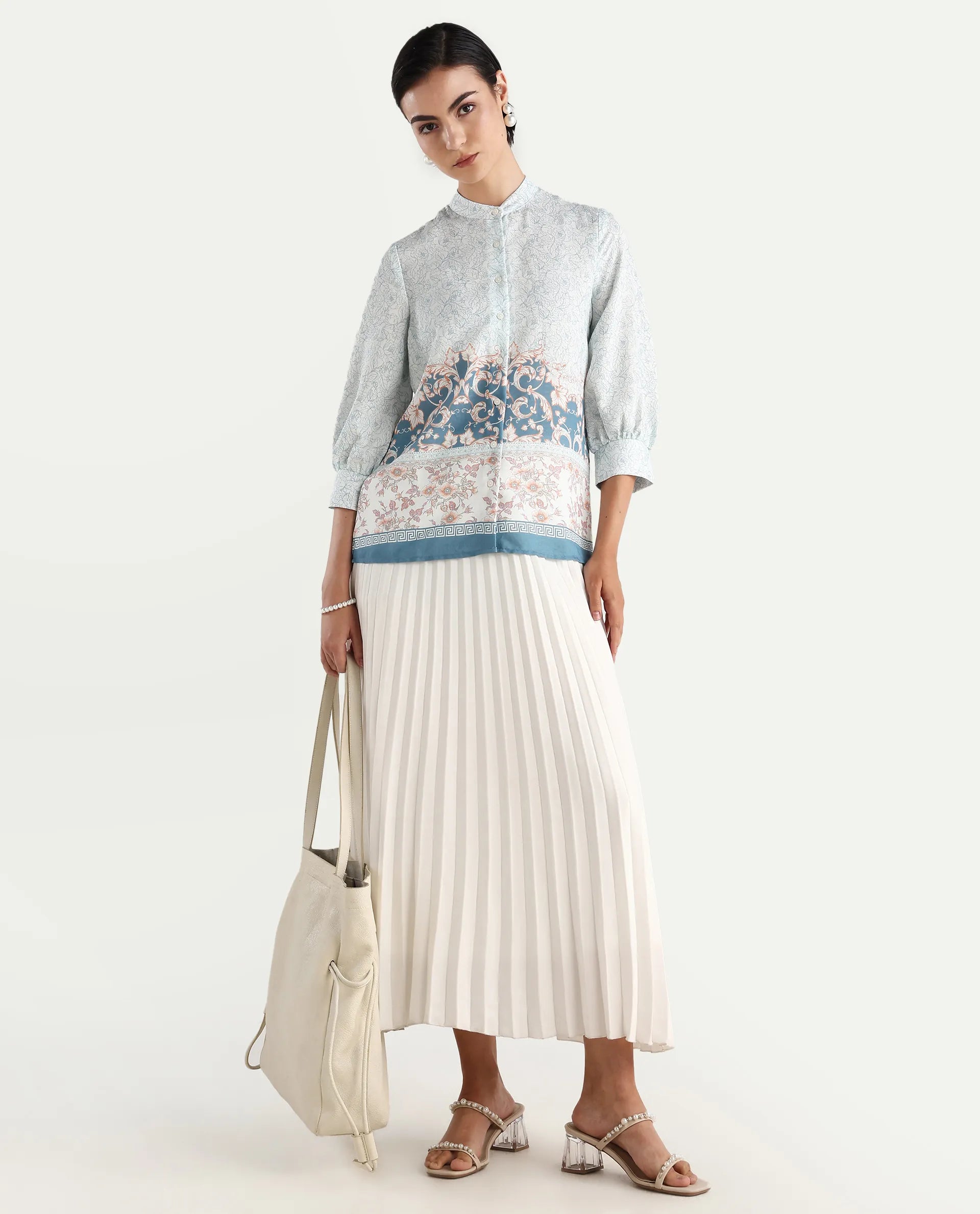 Rareism Women's Epica Multi Polyester Blend Abstract Print Cuffed Sleeve Regular Fit Top