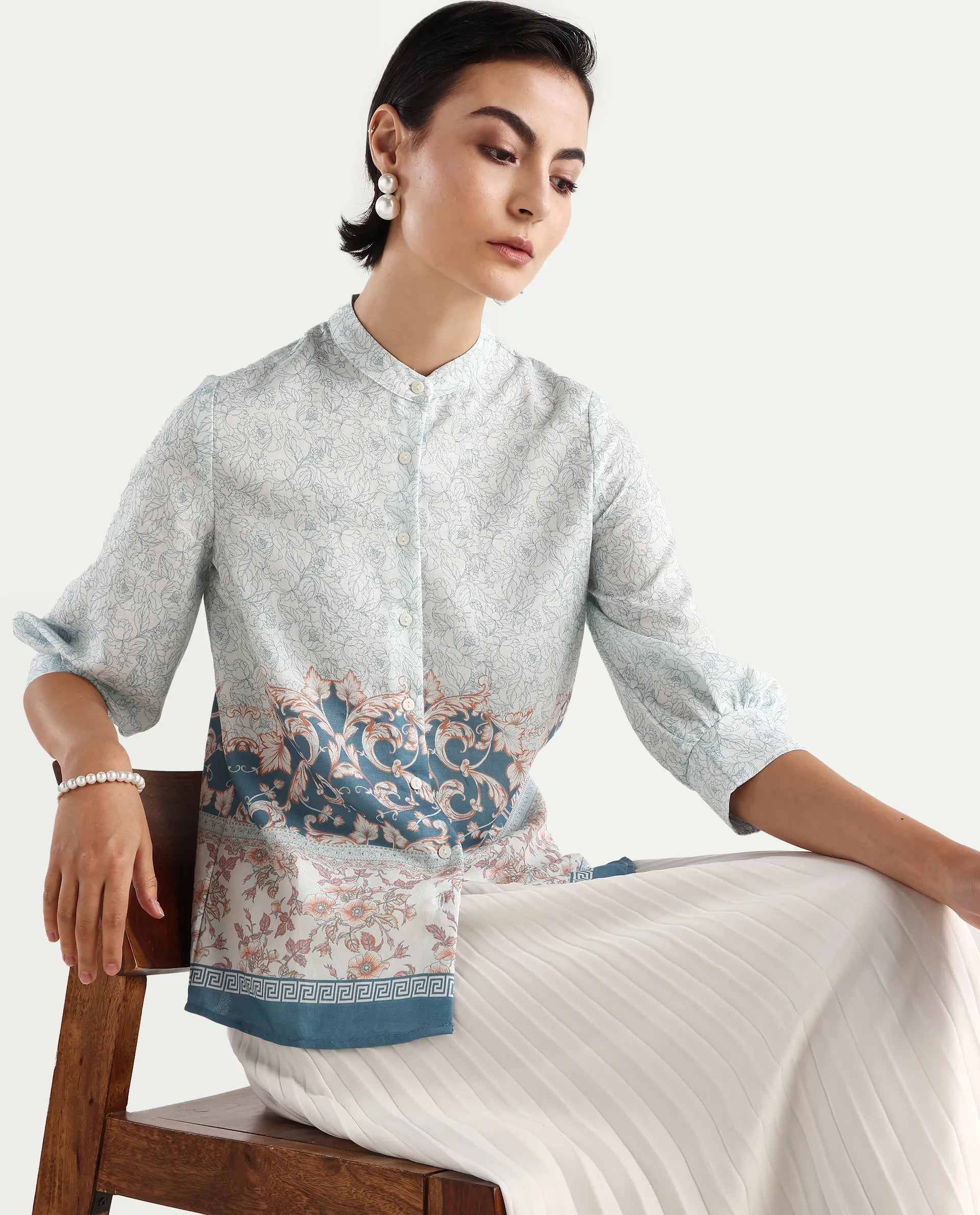 Rareism Women's Epica Multi Polyester Blend Abstract Print Cuffed Sleeve Regular Fit Top