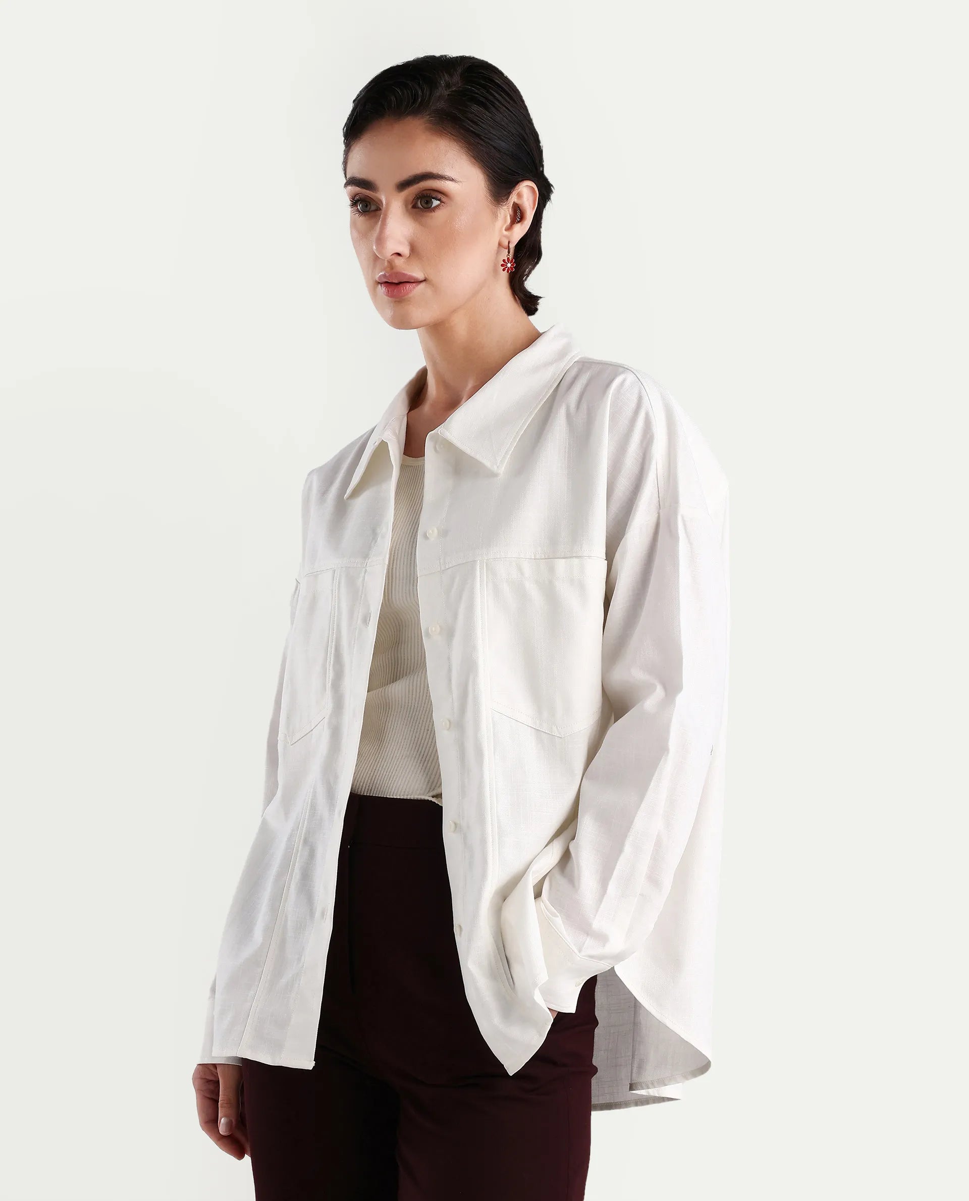 Rareism Women's Epili White Cotton Collared Plain Cuffed Sleeve Boxy Fit Shacket