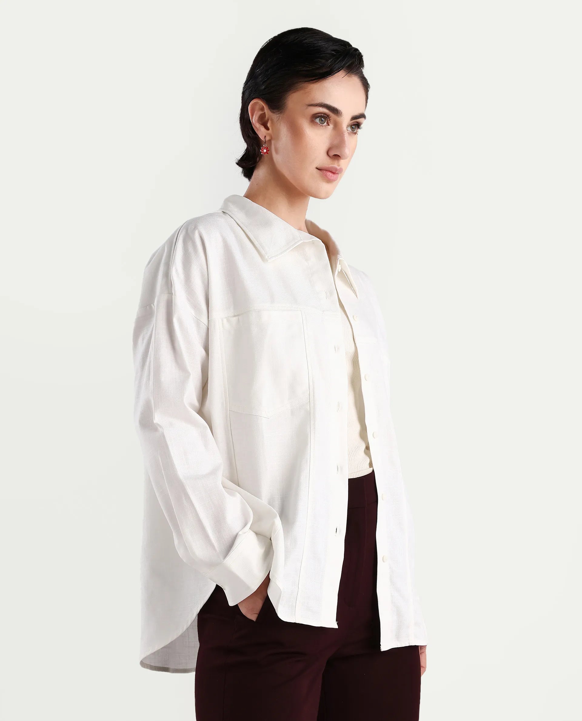 Rareism Women's Epili White Cotton Collared Plain Cuffed Sleeve Boxy Fit Shacket