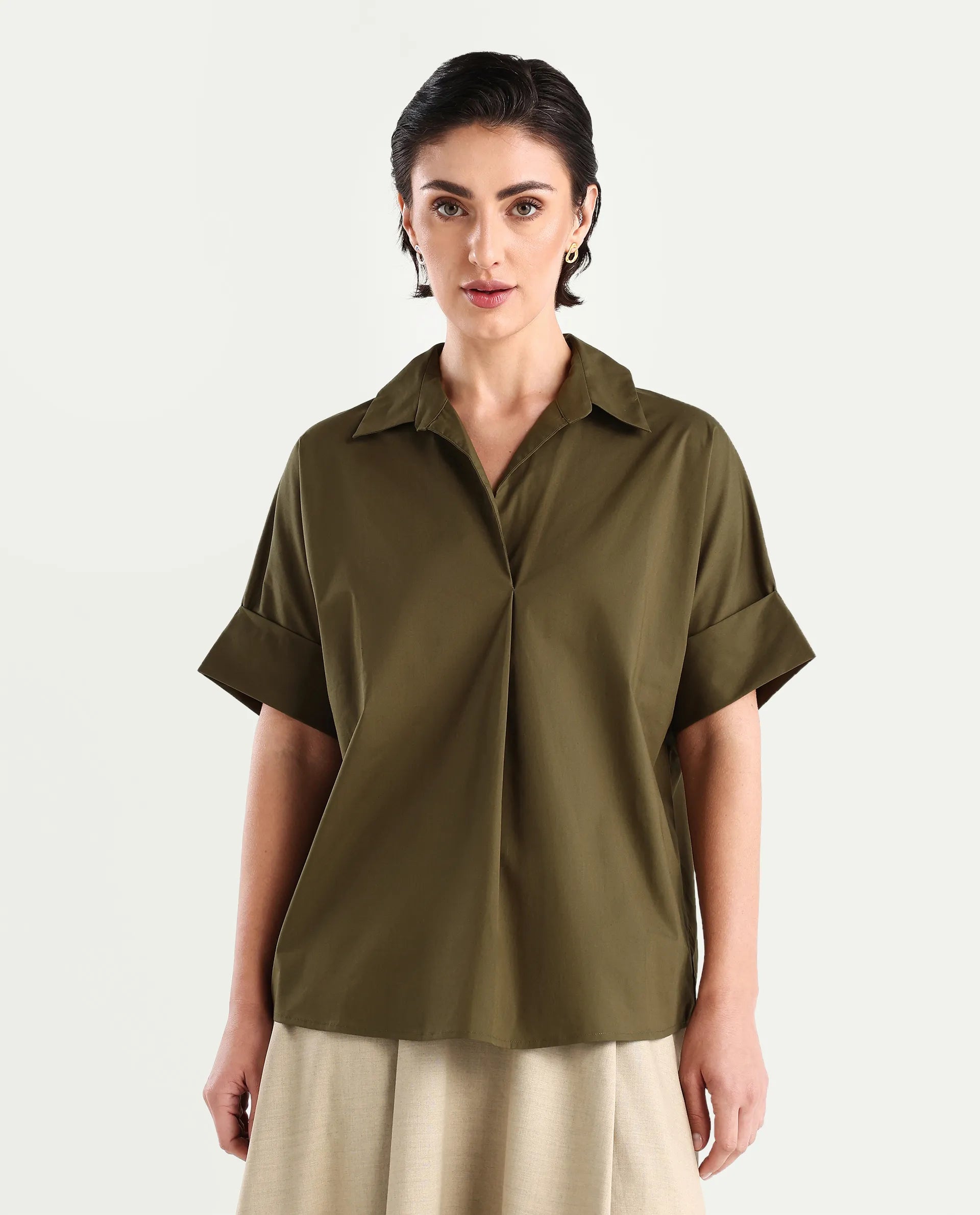 Rareism Women's Episo Olive Cotton Blend Plain Extended Sleeves Boxy Fit Top