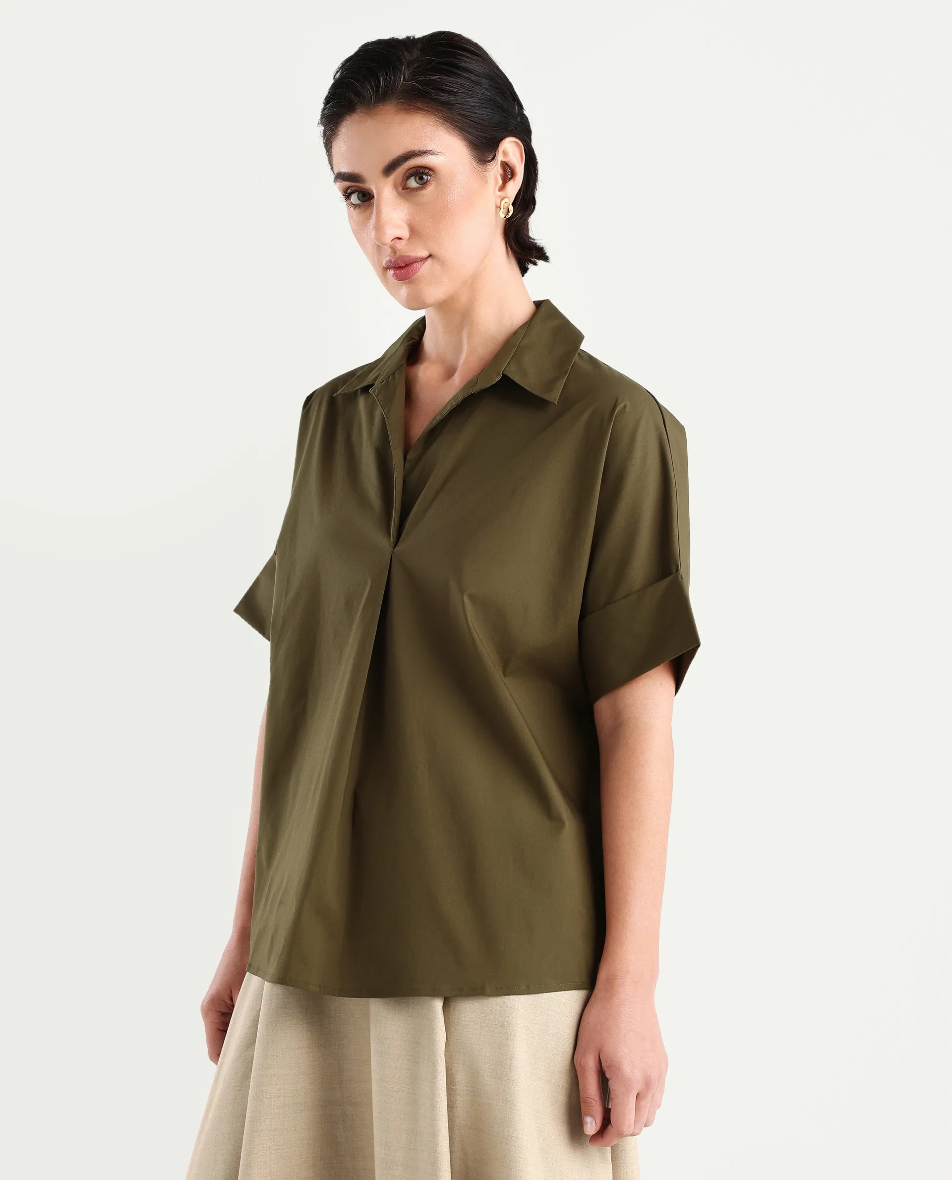 Rareism Women's Episo Olive Cotton Blend Plain Extended Sleeves Boxy Fit Top