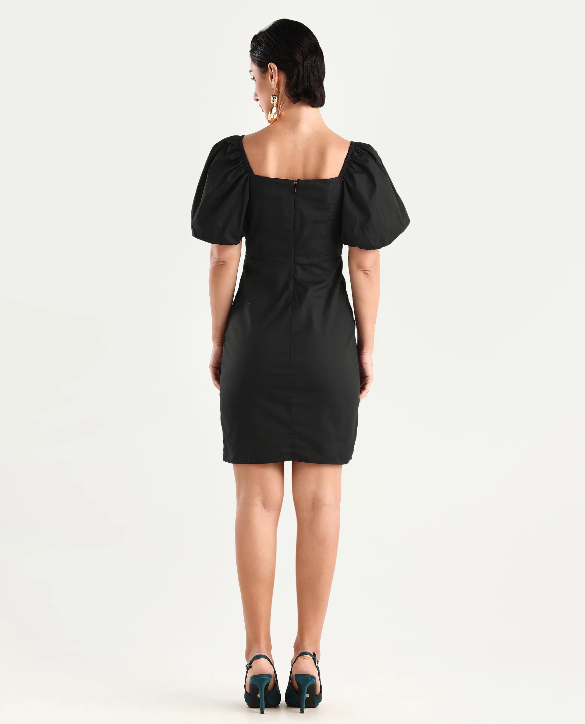 Rareism Women's Eplan Black Cotton Blend Square Neck Plain Balloon Sleeve Mini Straight Fit Dress