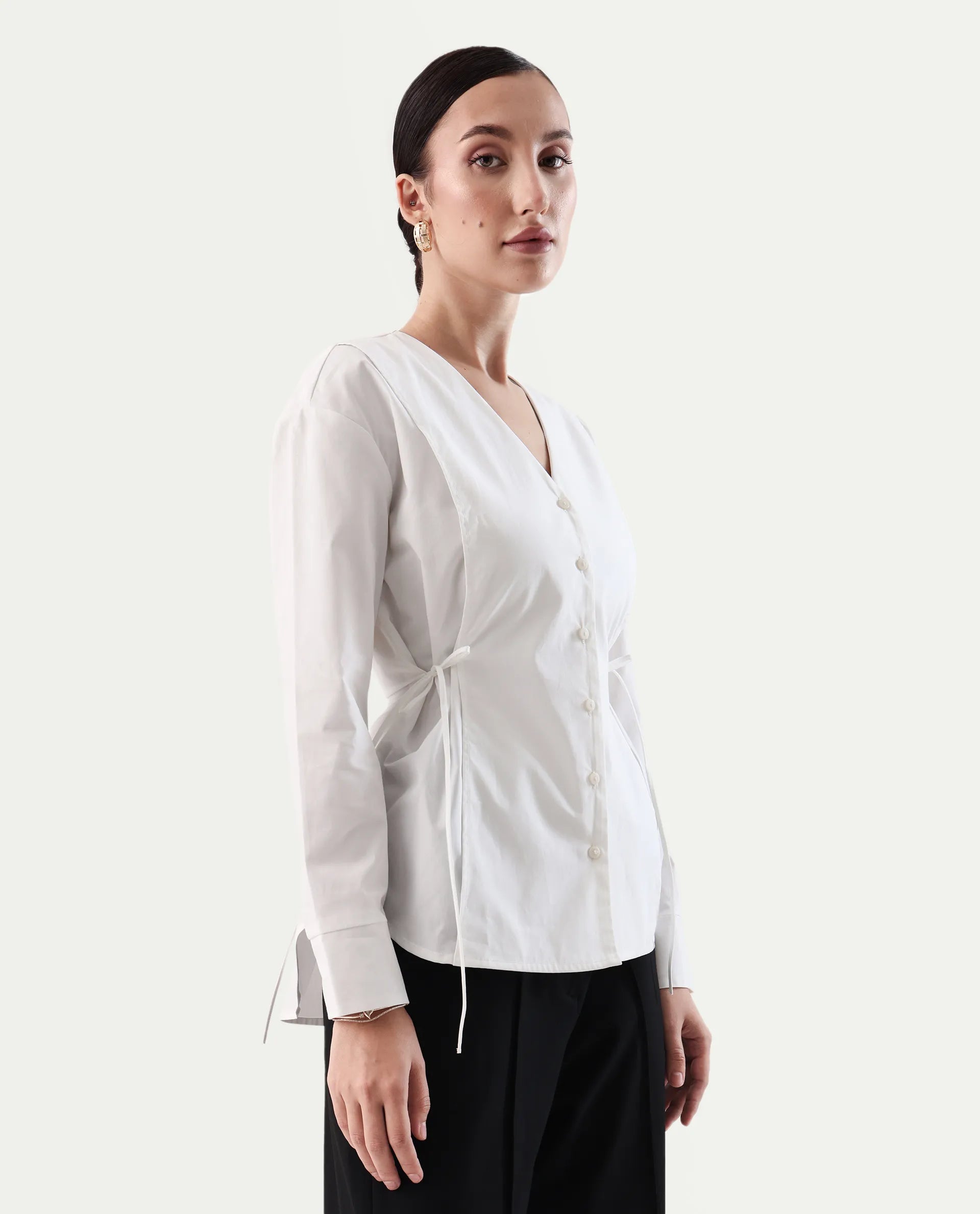 Rareism Women's Epled White Polyester Crew Neck Plain Cuffed Sleeve Regular Fit Top