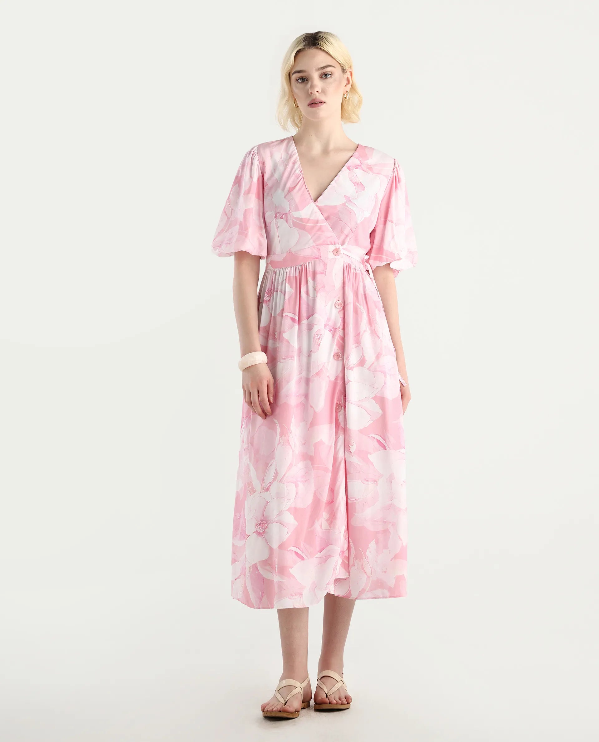 Rareism Women's Epleo Light Pink Viscose V-Neck Printed Balloon Sleeve Midi Regular Fit Dress