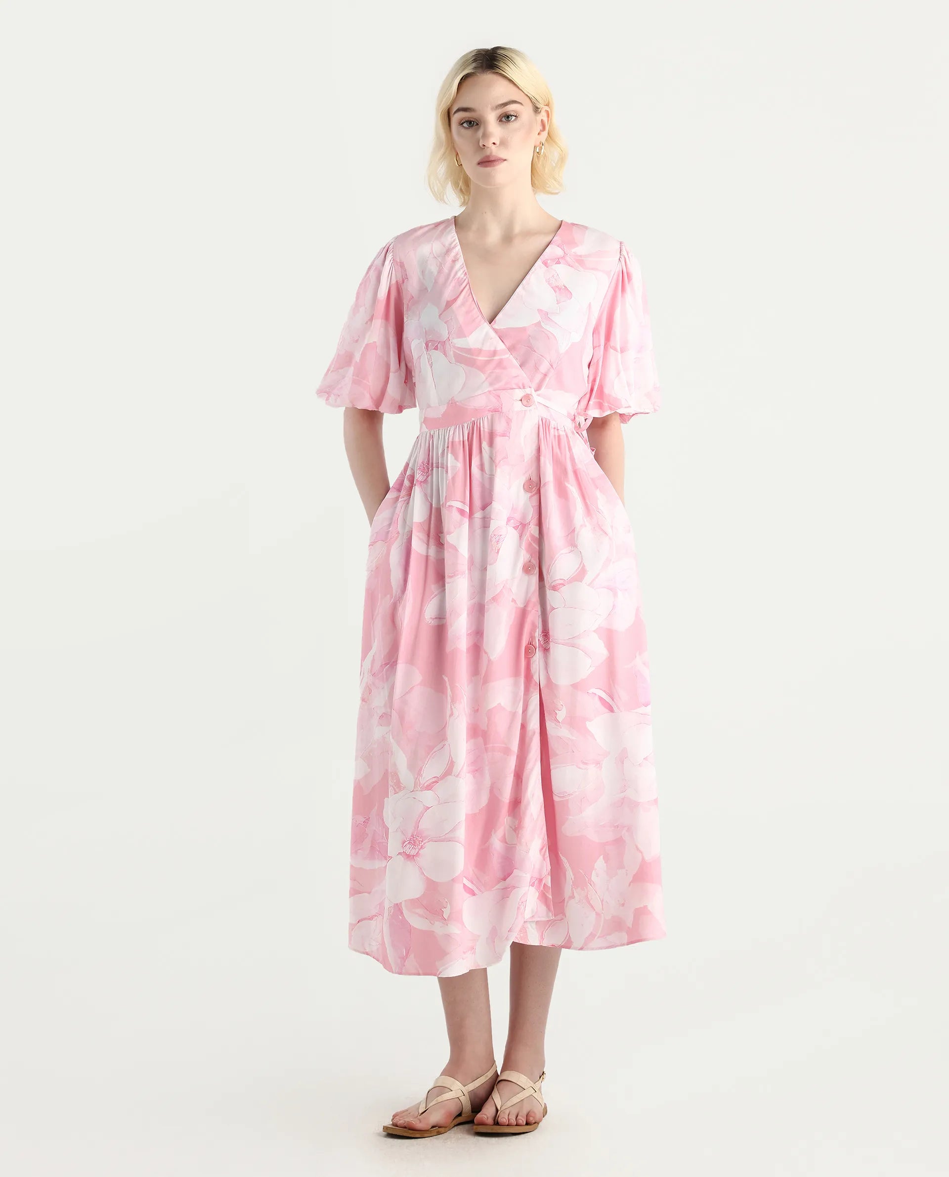 Rareism Women's Epleo Light Pink Viscose V-Neck Printed Balloon Sleeve Midi Regular Fit Dress