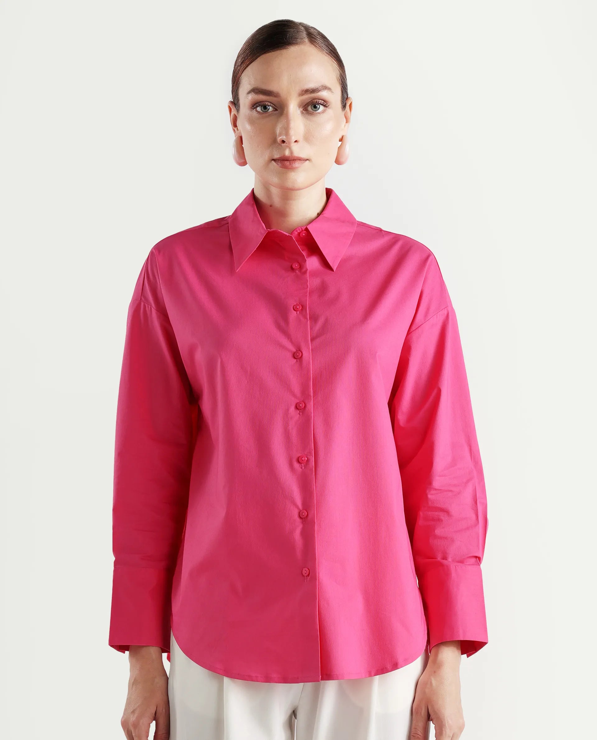 Rareism Women's Epnet Pink Cotton Blend Collared Plain Cuffed Sleeve Boxy Fit Shirt
