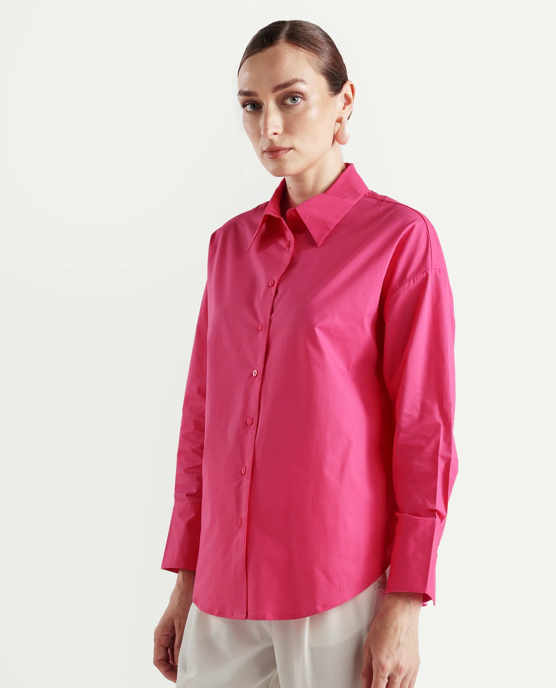 Rareism Women's Epnet Pink Cotton Blend Collared Plain Cuffed Sleeve Boxy Fit Shirt