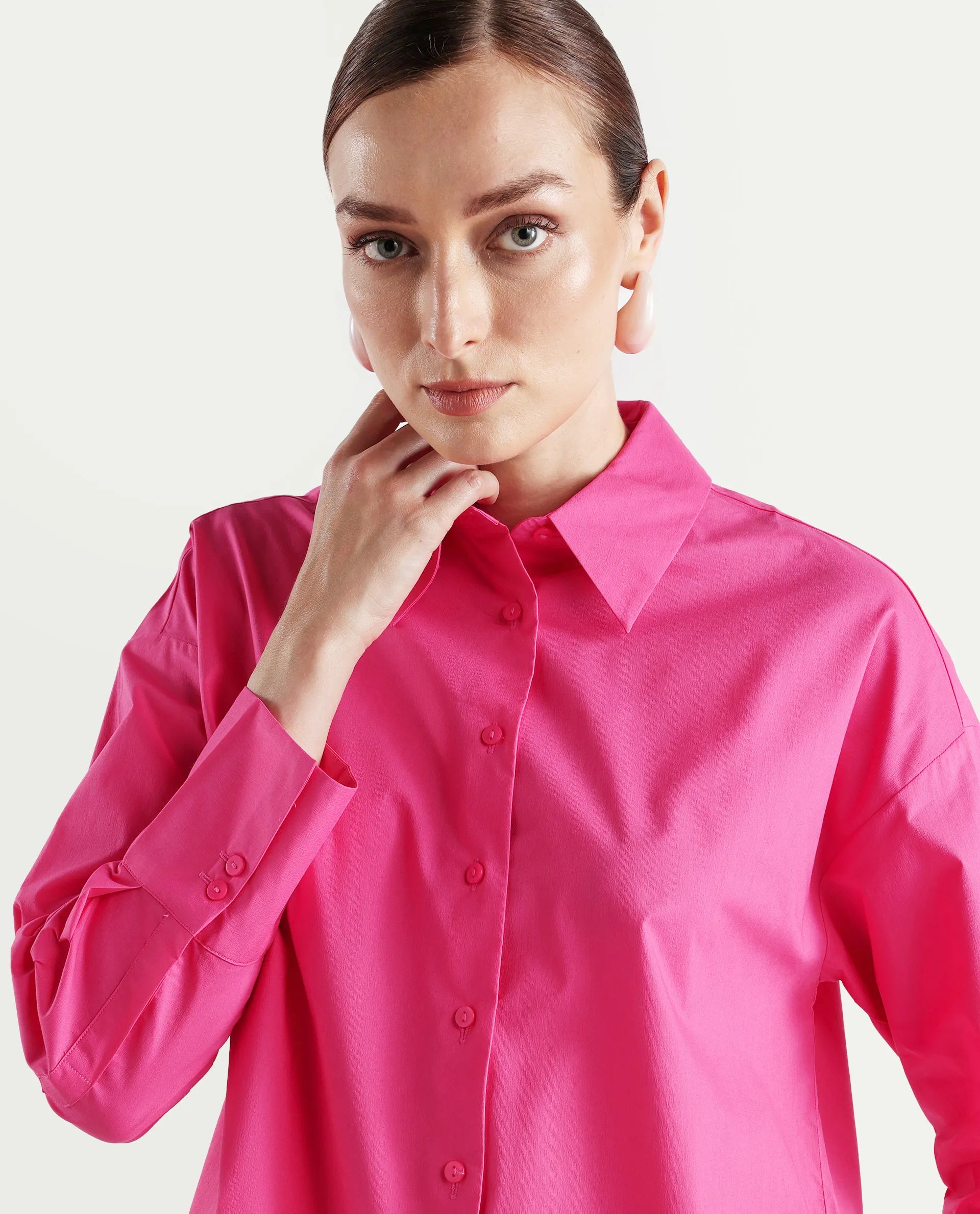 Rareism Women's Epnet Pink Cotton Blend Collared Plain Cuffed Sleeve Boxy Fit Shirt